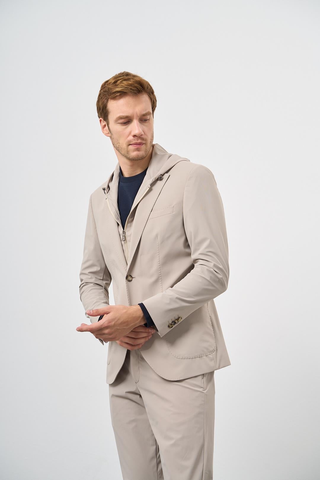 Morven Erkek Bej Polyamide Torba Cep Kapüşonlu Slim Fit Mono Yaka Spor Takım Elbise