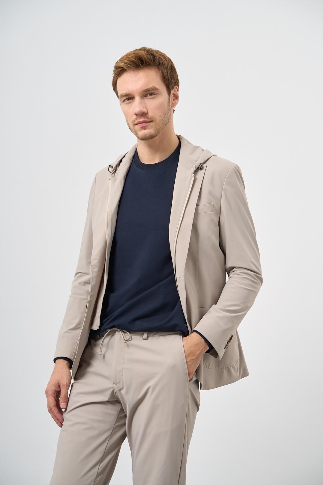 Morven Erkek Bej Polyamide Torba Cep Kapüşonlu Slim Fit Mono Yaka Spor Takım Elbise