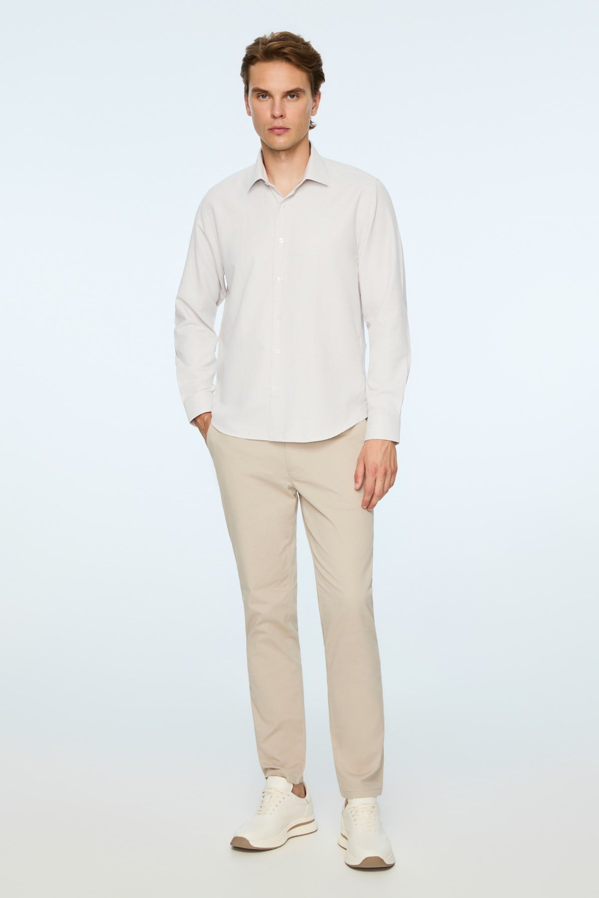 Morven Erkek Bej Polyester Trend Desenli Dynamic Fit Sert Yaka Gömlek