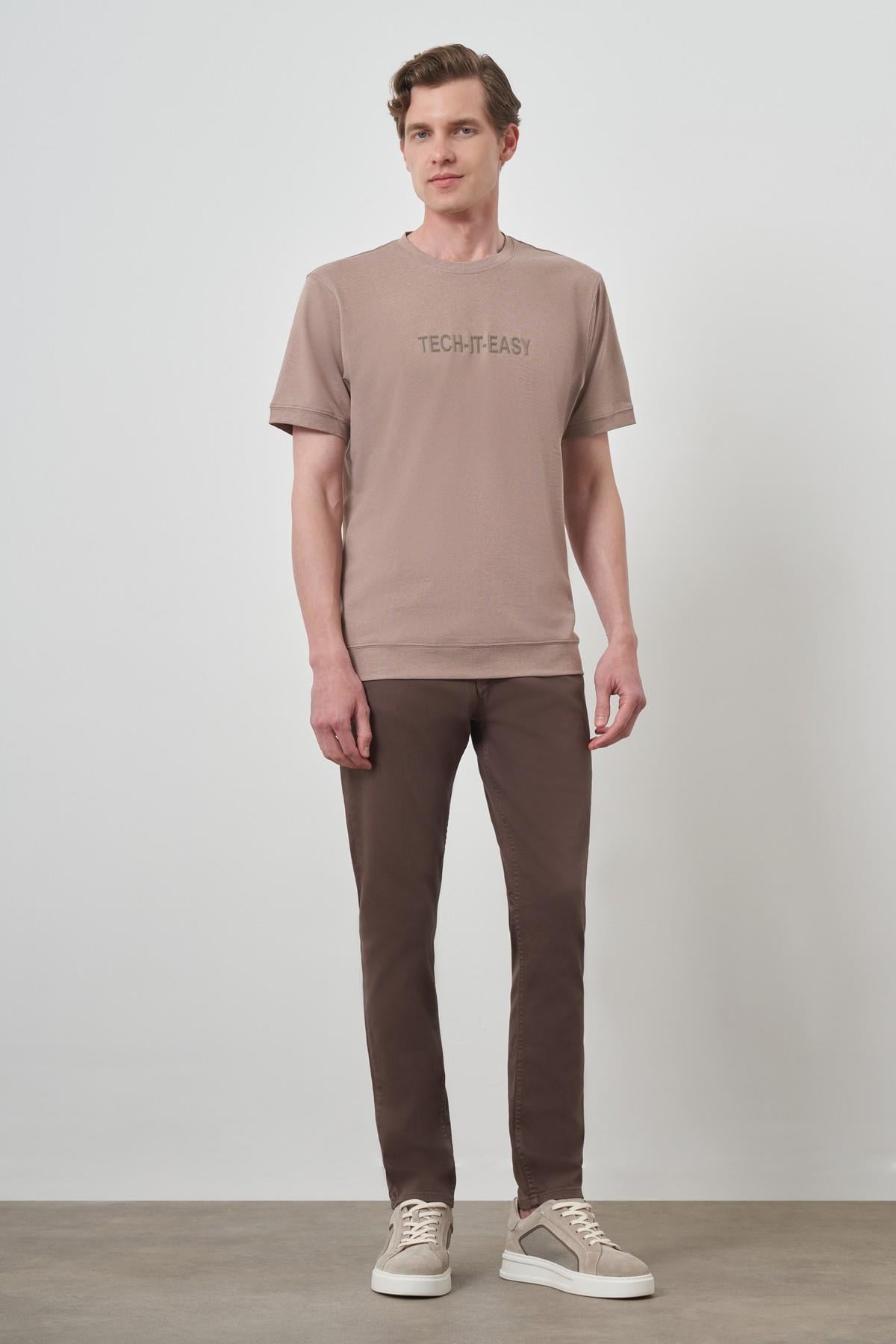 Morven Erkek Bej Trend Bisiklet Yaka Baskılı Tshirt
