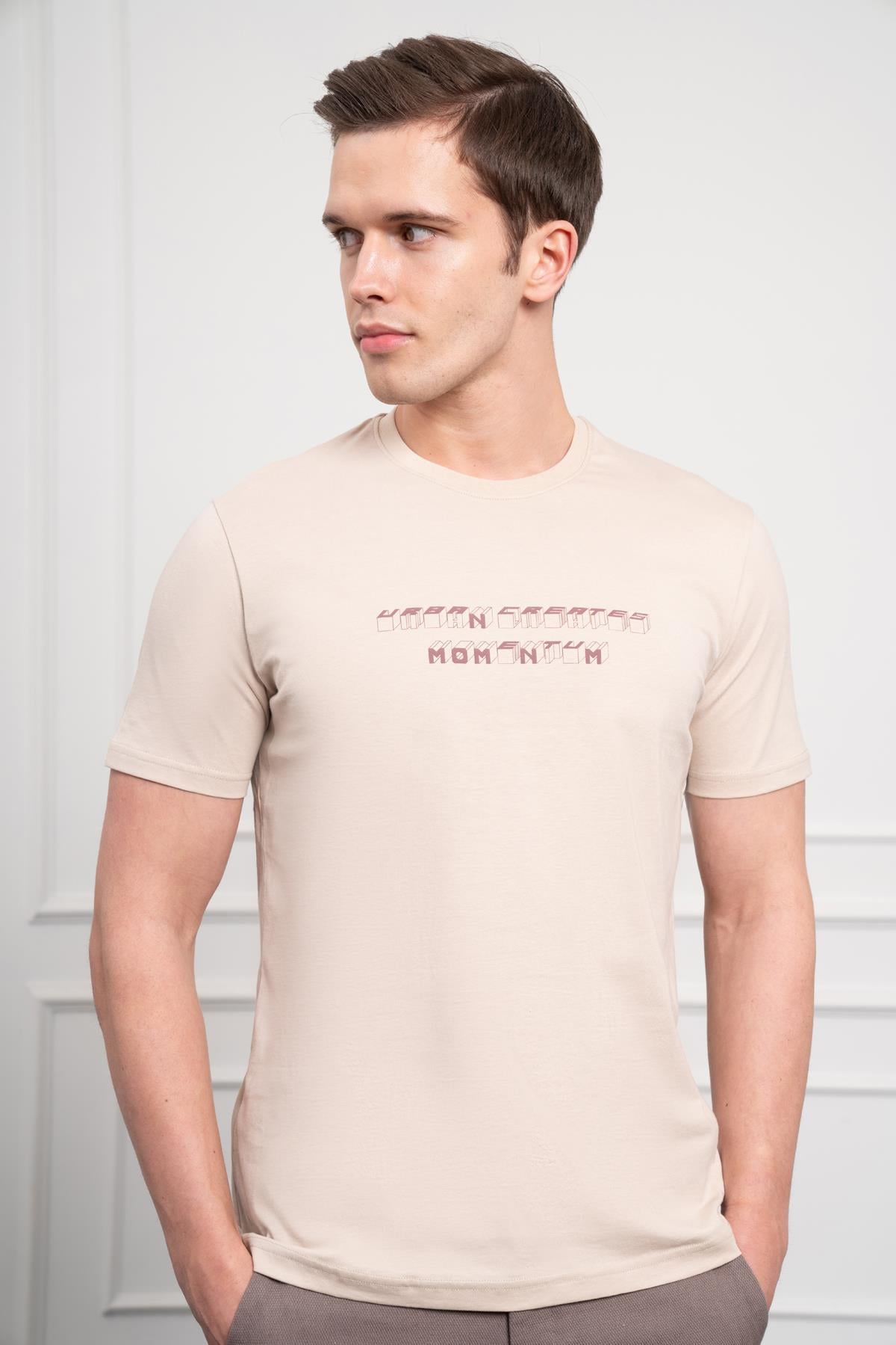 Morven Erkek Bej Trend Bisiklet Yaka Dinamik Fit Pamuk T-Shirt