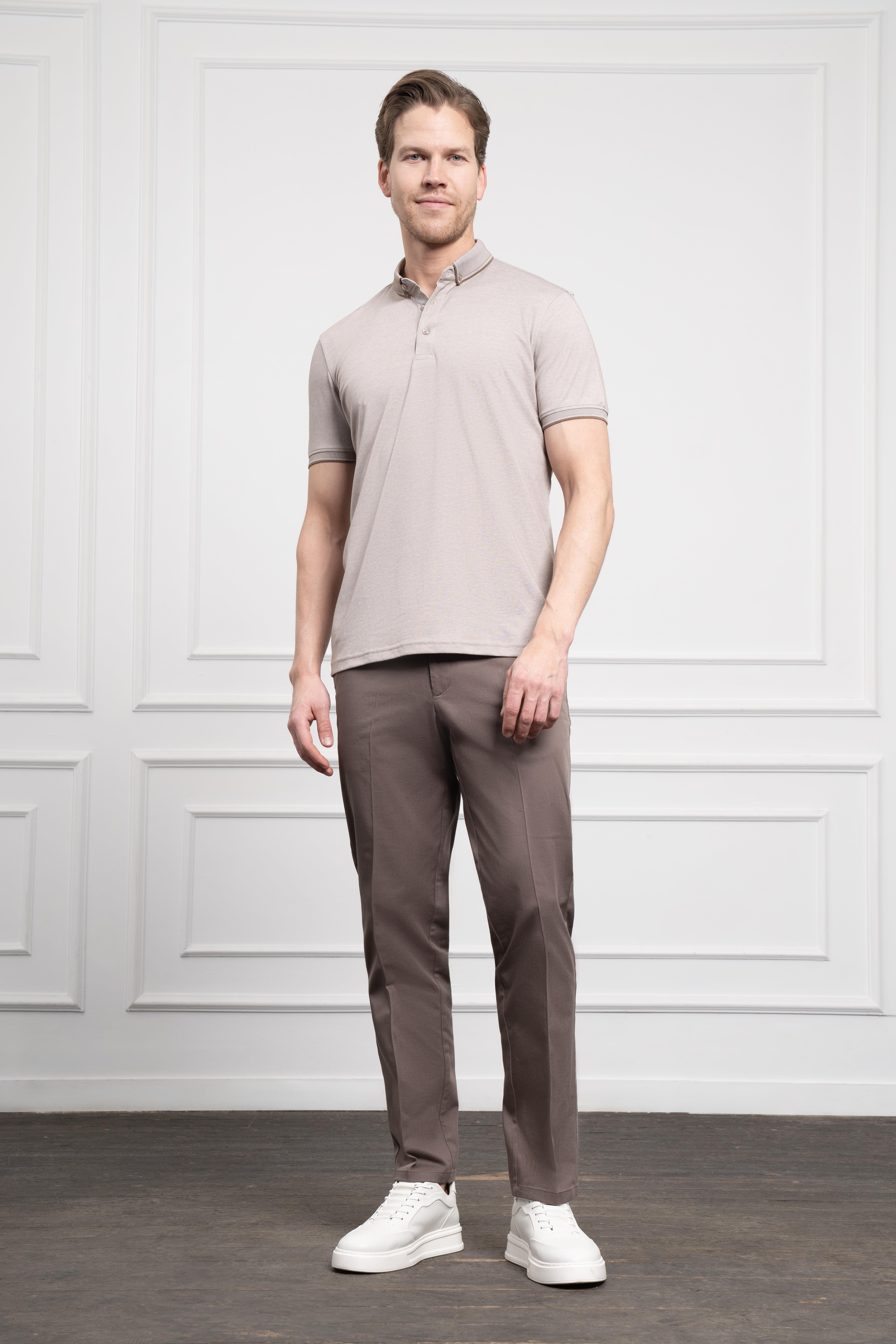 Morven Erkek Bej Trend Merserize Düz Düğmeli Yaka Dynamic Fit T-Shirt