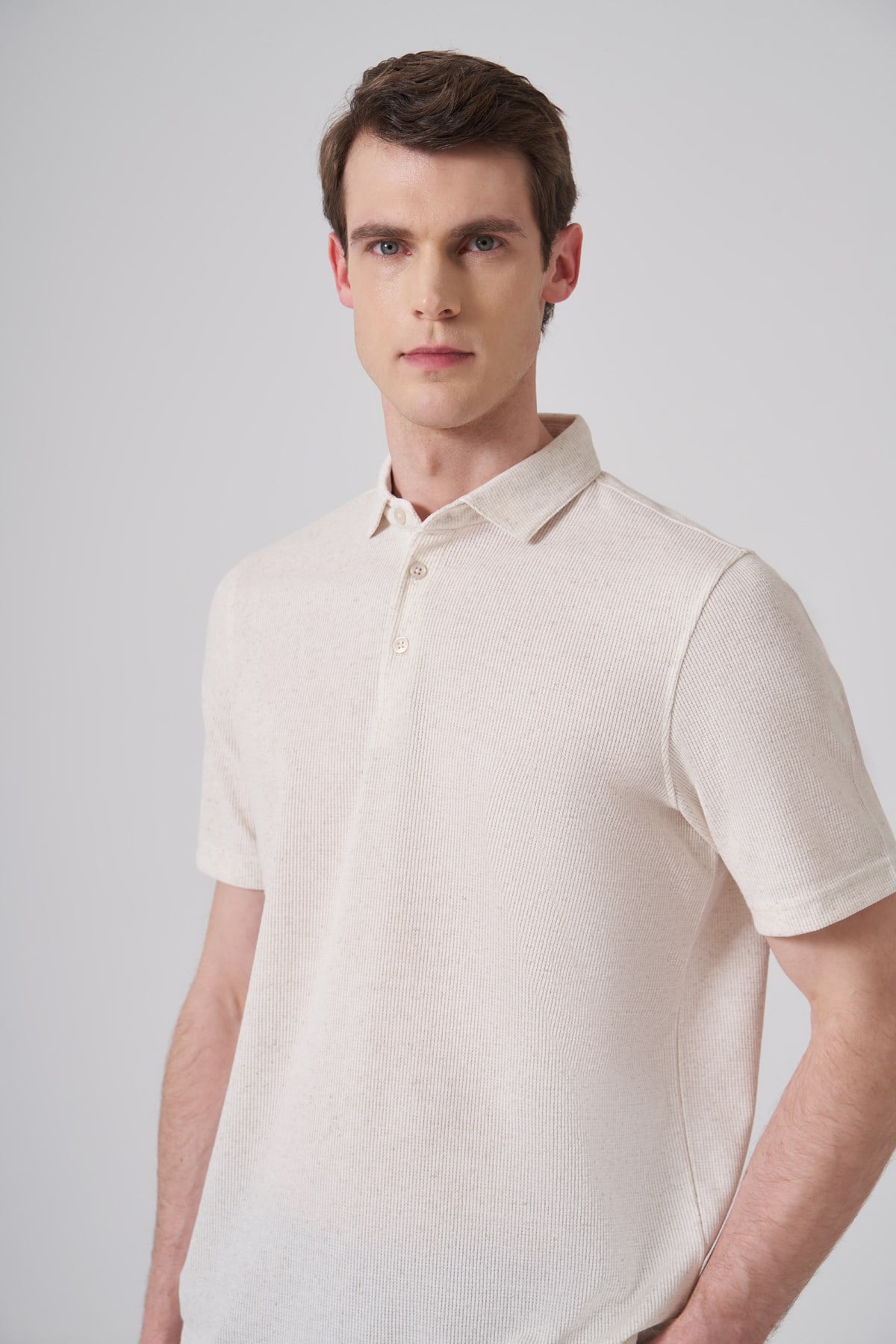 Morven Erkek Bej Trend Örme Keten Dinamik Fit Polo Yaka T-shirt