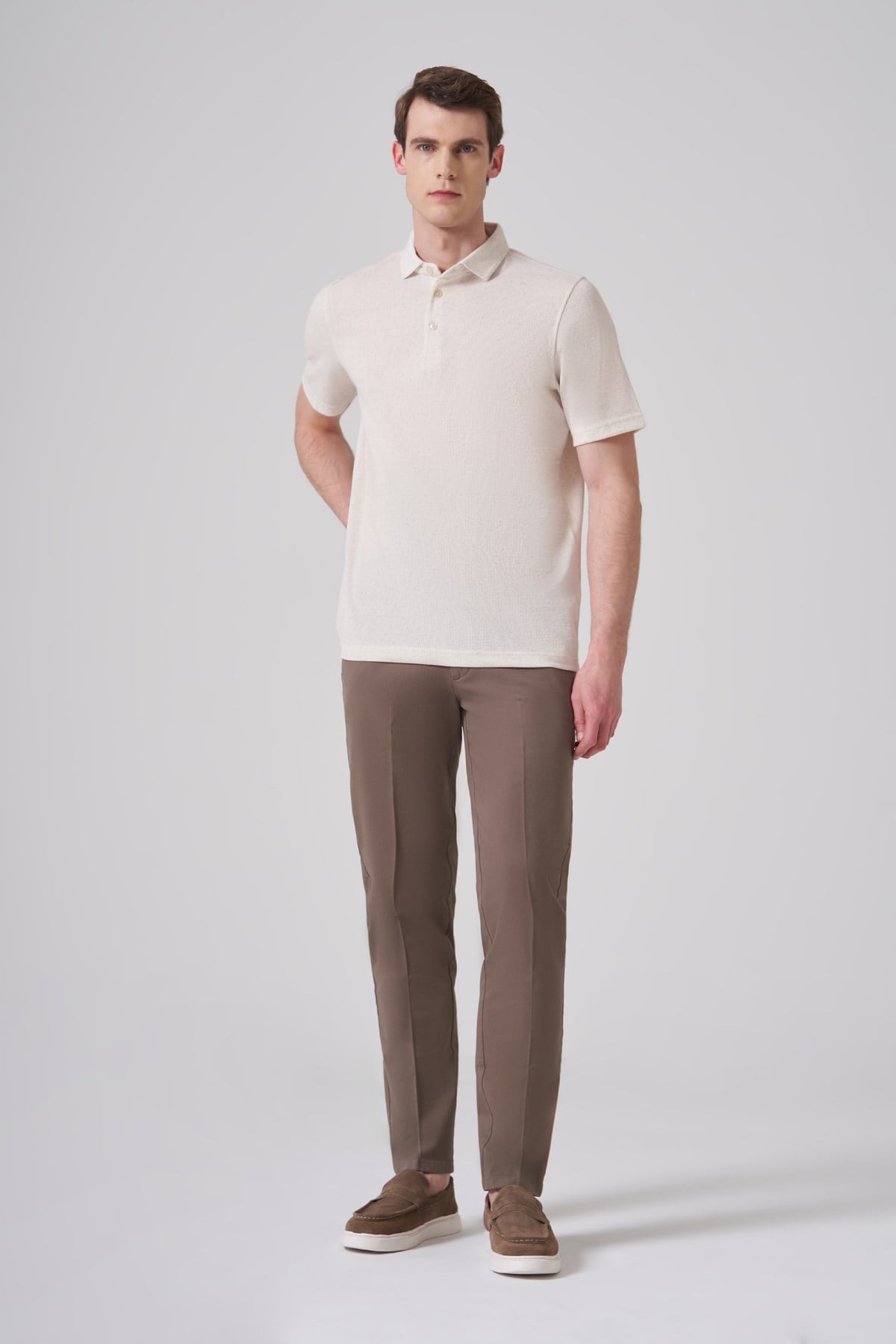 Morven Erkek Bej Trend Örme Keten Dinamik Fit Polo Yaka T-shirt