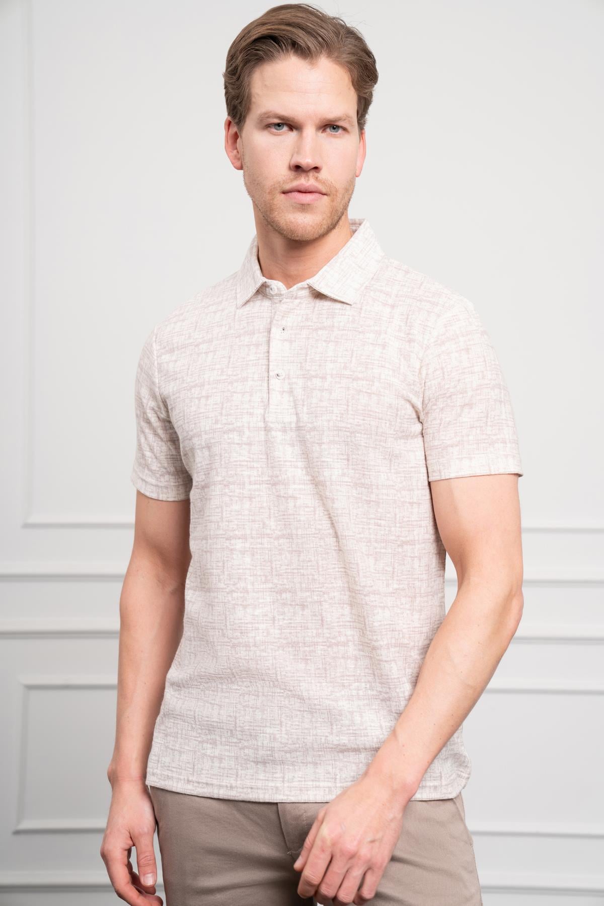 Morven Erkek Bej Trend Polo Yaka Desenli Dynamic Fit Rahat Kesim T-Shirt