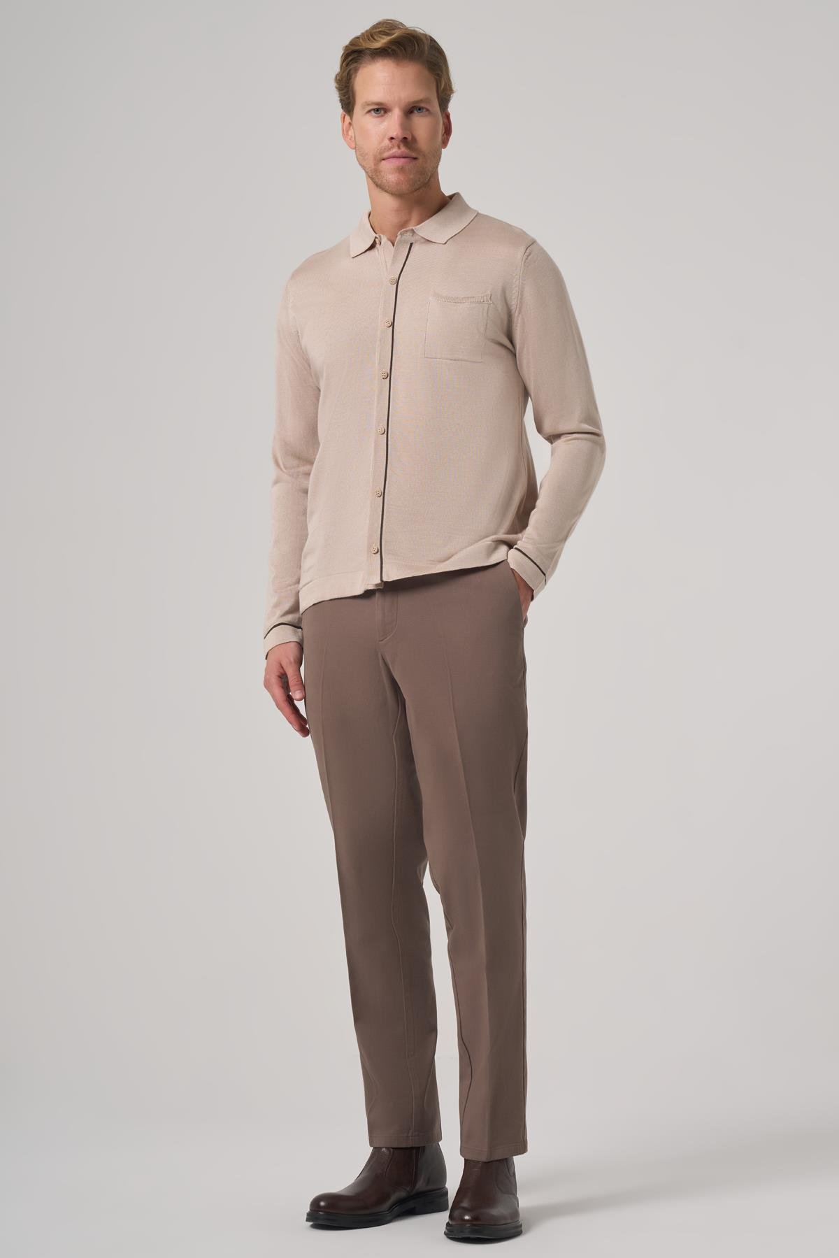 Morven Erkek Bej Trend Polo Yaka Gömlek Triko