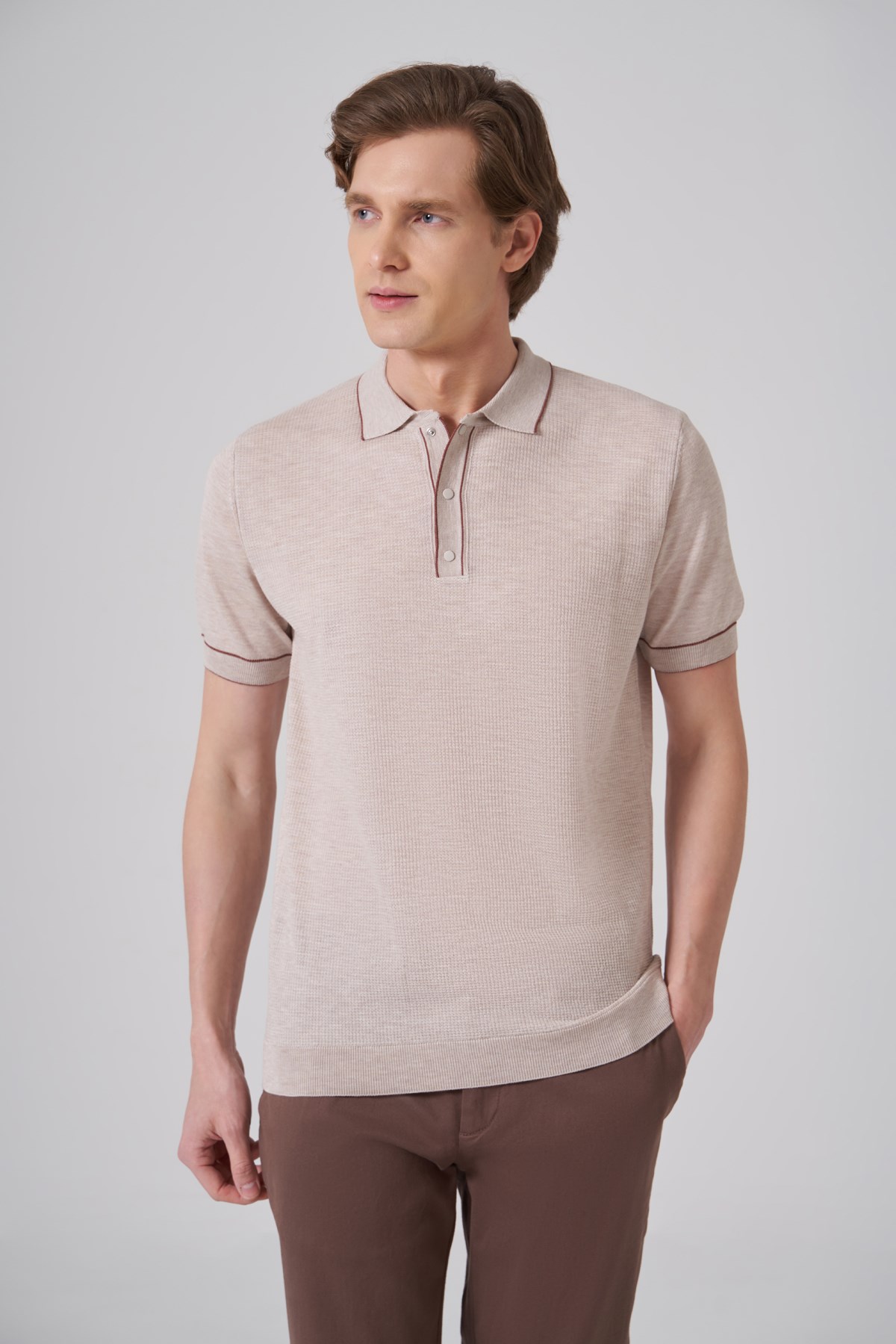 Morven Erkek Bej Trend Polo Yaka Jakarlı Triko T-Shirt