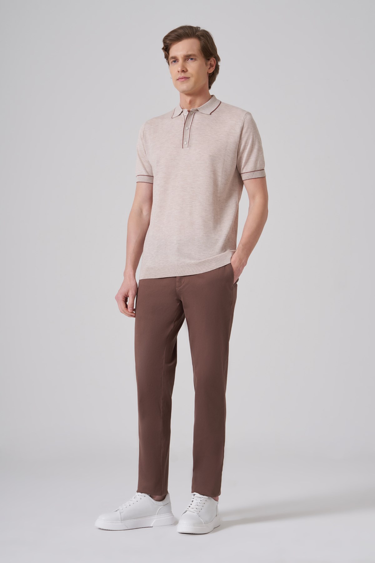 Morven Erkek Bej Trend Polo Yaka Jakarlı Triko T-Shirt