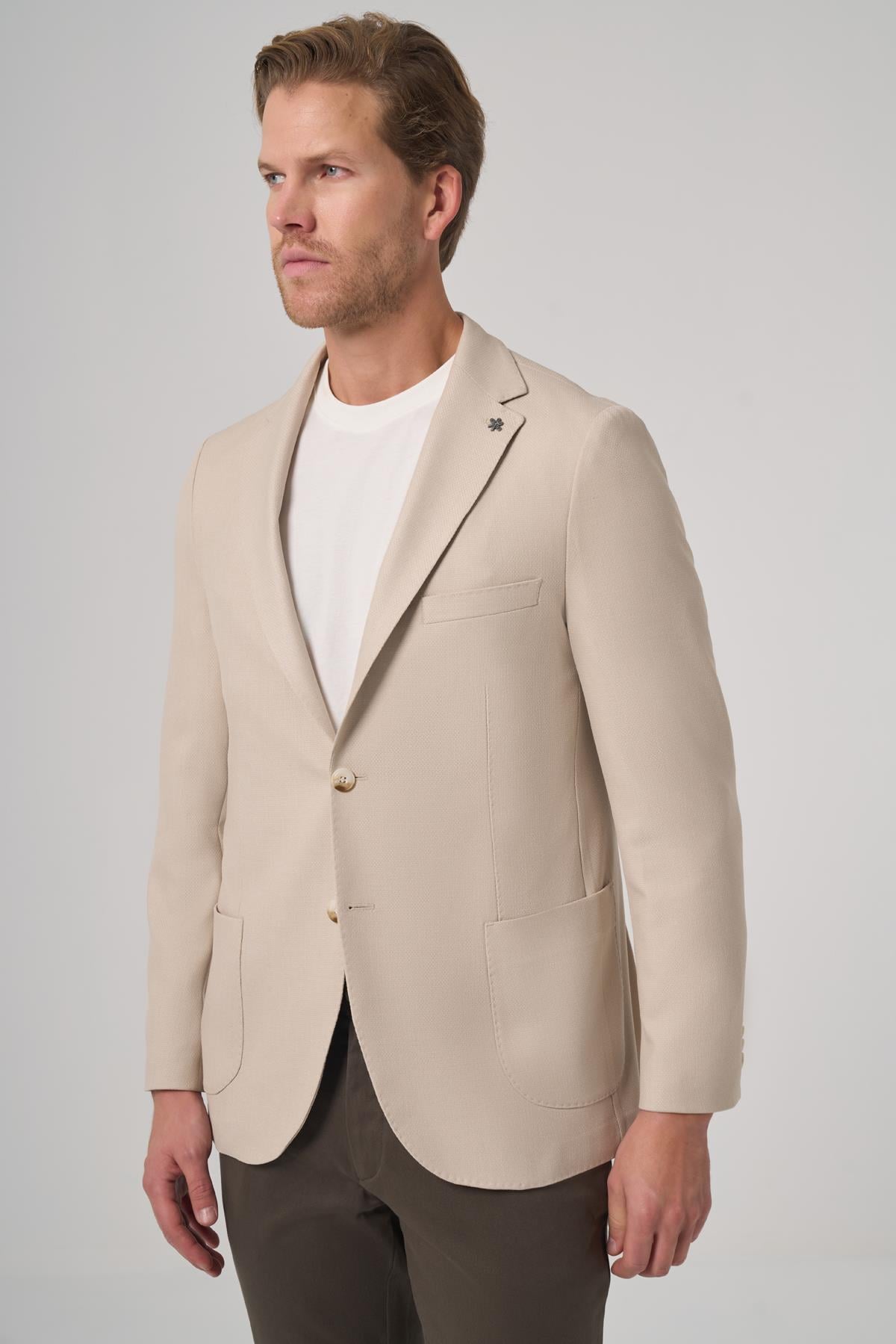 Morven Erkek Bej Trend Slim Fit Mono Yaka Ceket