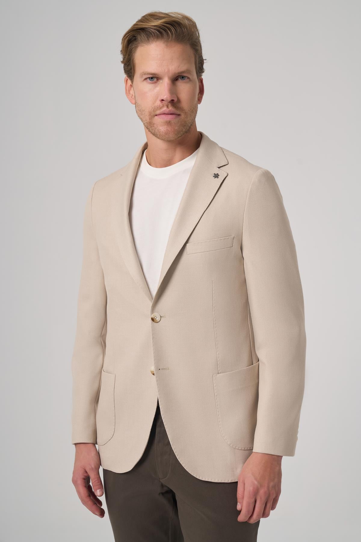 Morven Erkek Bej Trend Slim Fit Mono Yaka Ceket