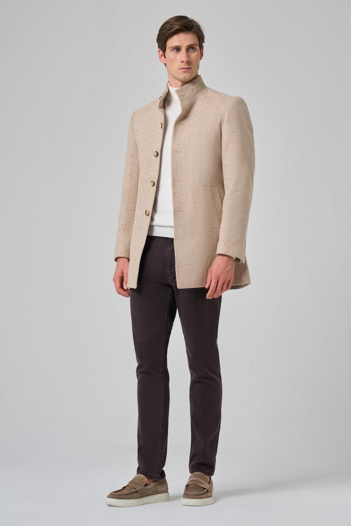 Morven Erkek Bej Yünlü Dynamic Fit Hakim Yaka Kaban