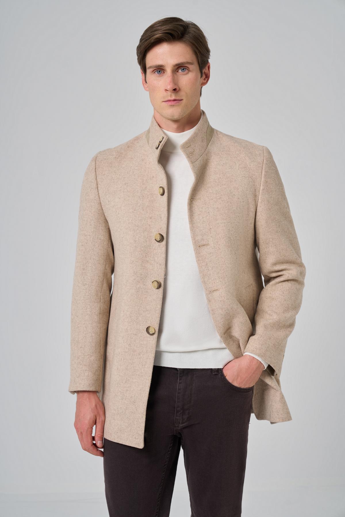 Morven Erkek Bej Yünlü Dynamic Fit Hakim Yaka Kaban