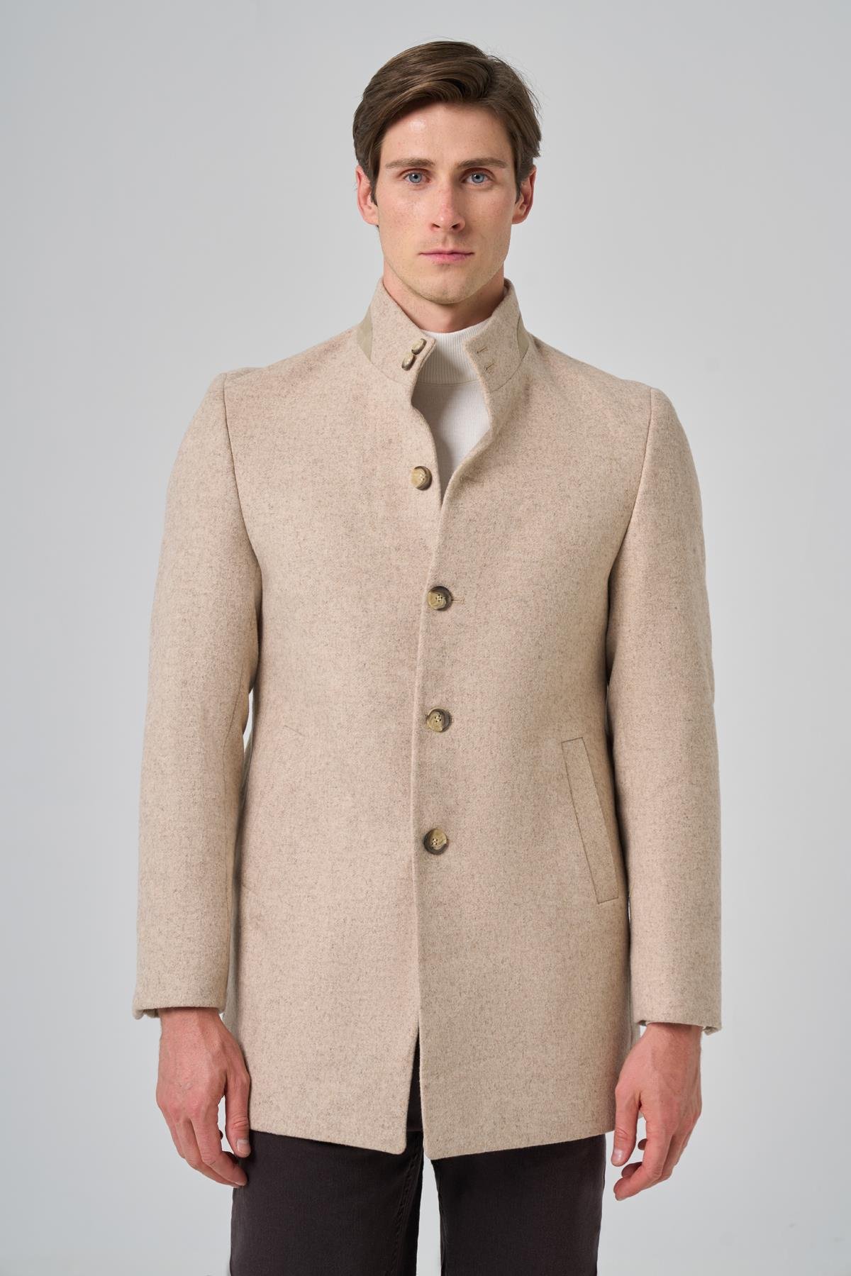 Morven Erkek Bej Yünlü Dynamic Fit Hakim Yaka Kaban