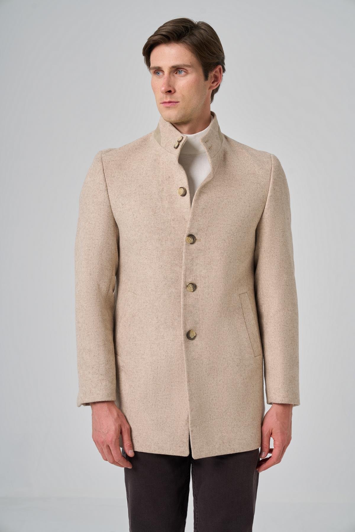 Morven Erkek Bej Yünlü Dynamic Fit Hakim Yaka Kaban