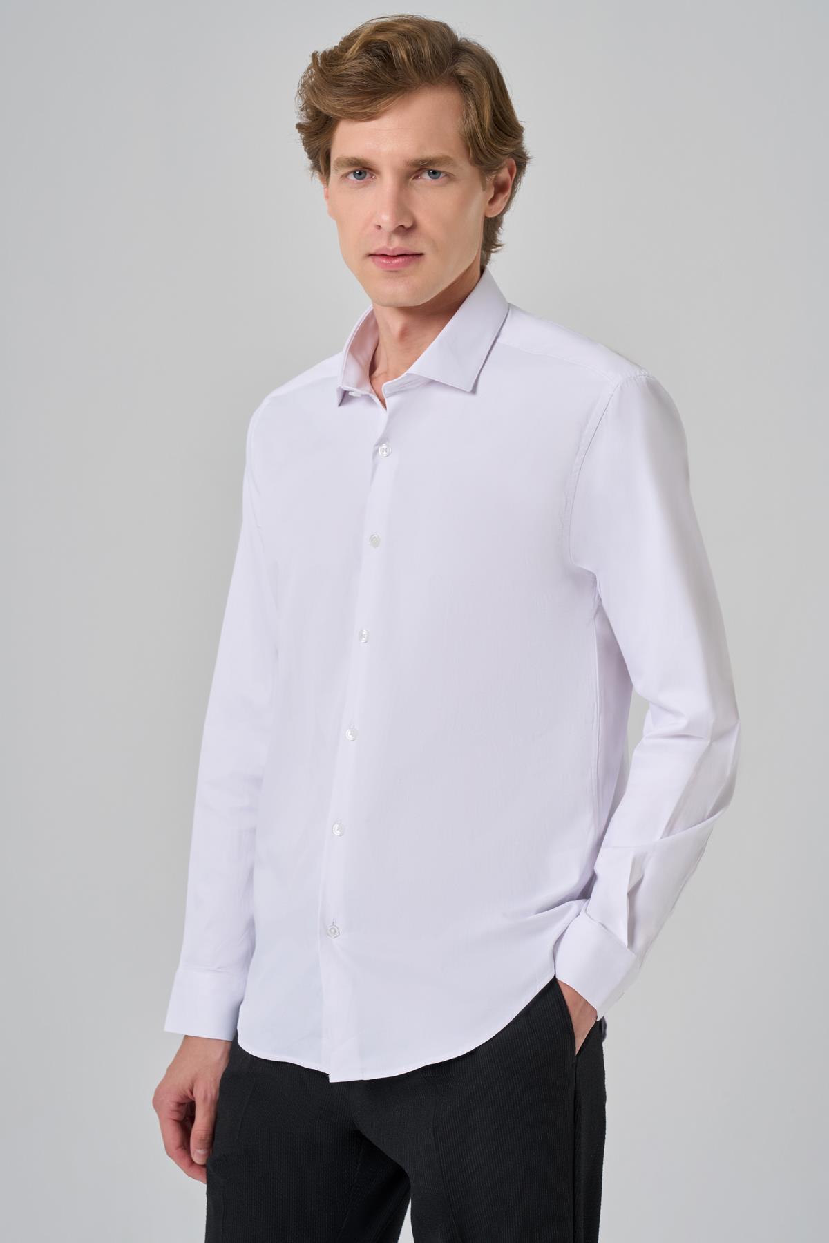 Morven Erkek Beyaz Basic Düz Desen İtalyan Yaka Slim Fit Gömlek