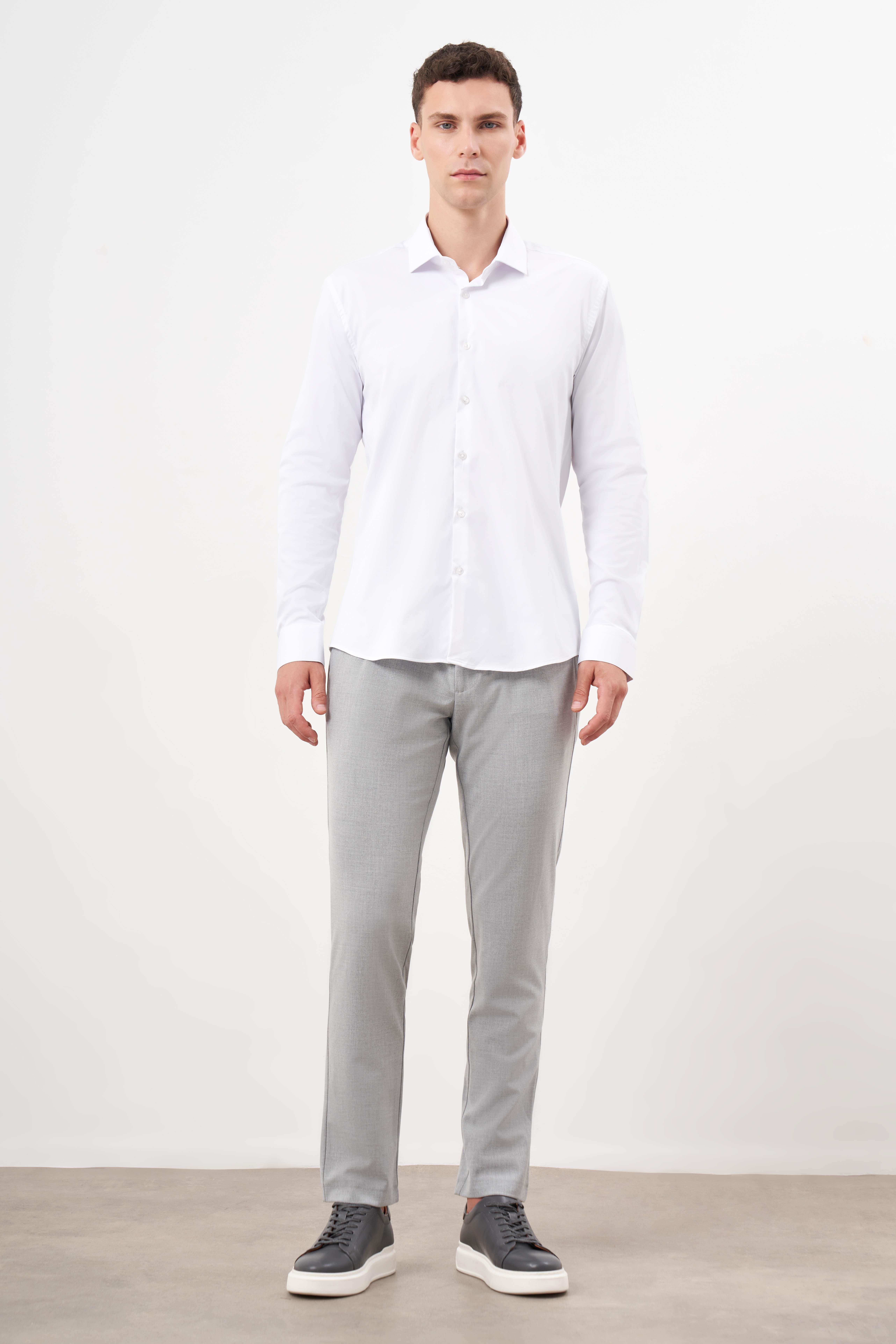 Morven Erkek Beyaz Basic Düz Desen İtalyan Yaka Slim Fit Gömlek