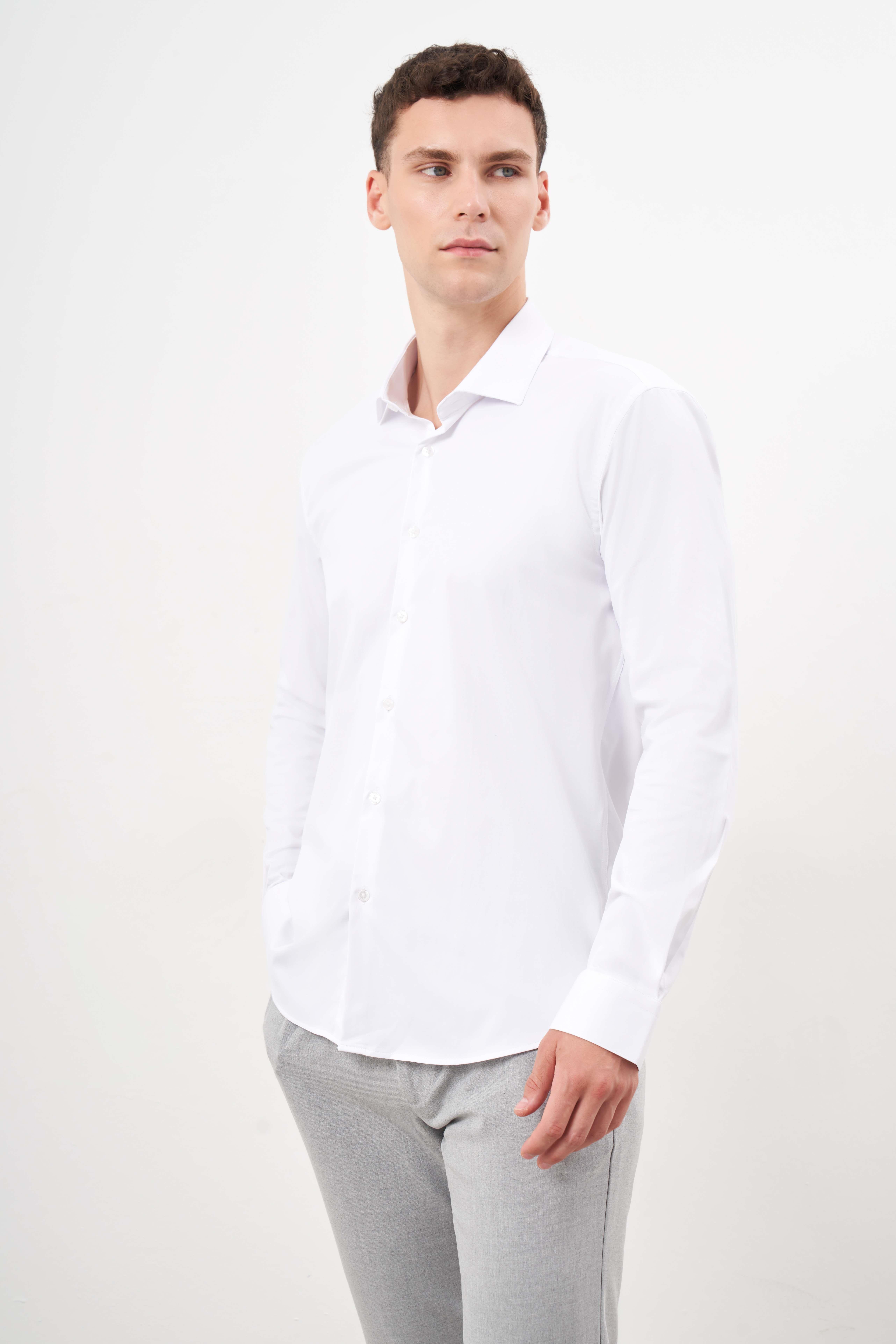 Morven Erkek Beyaz Basic Düz Desen İtalyan Yaka Slim Fit Gömlek