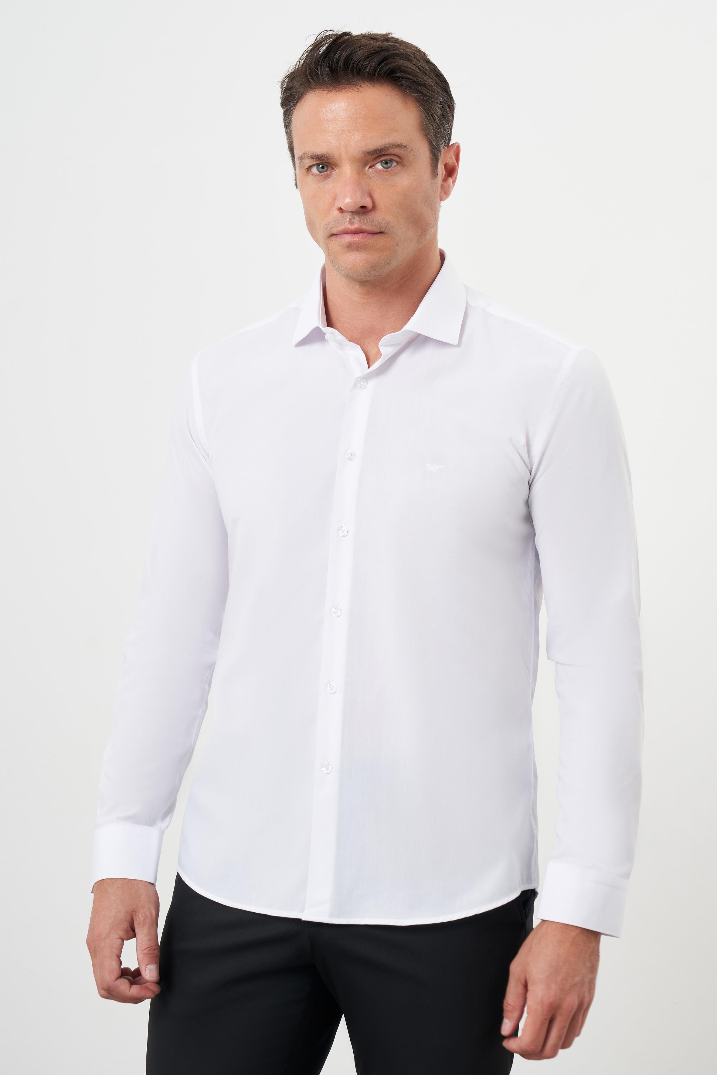 Morven Erkek Beyaz Basic Düz Desen İtalyan Yaka Slim Fit Gömlek