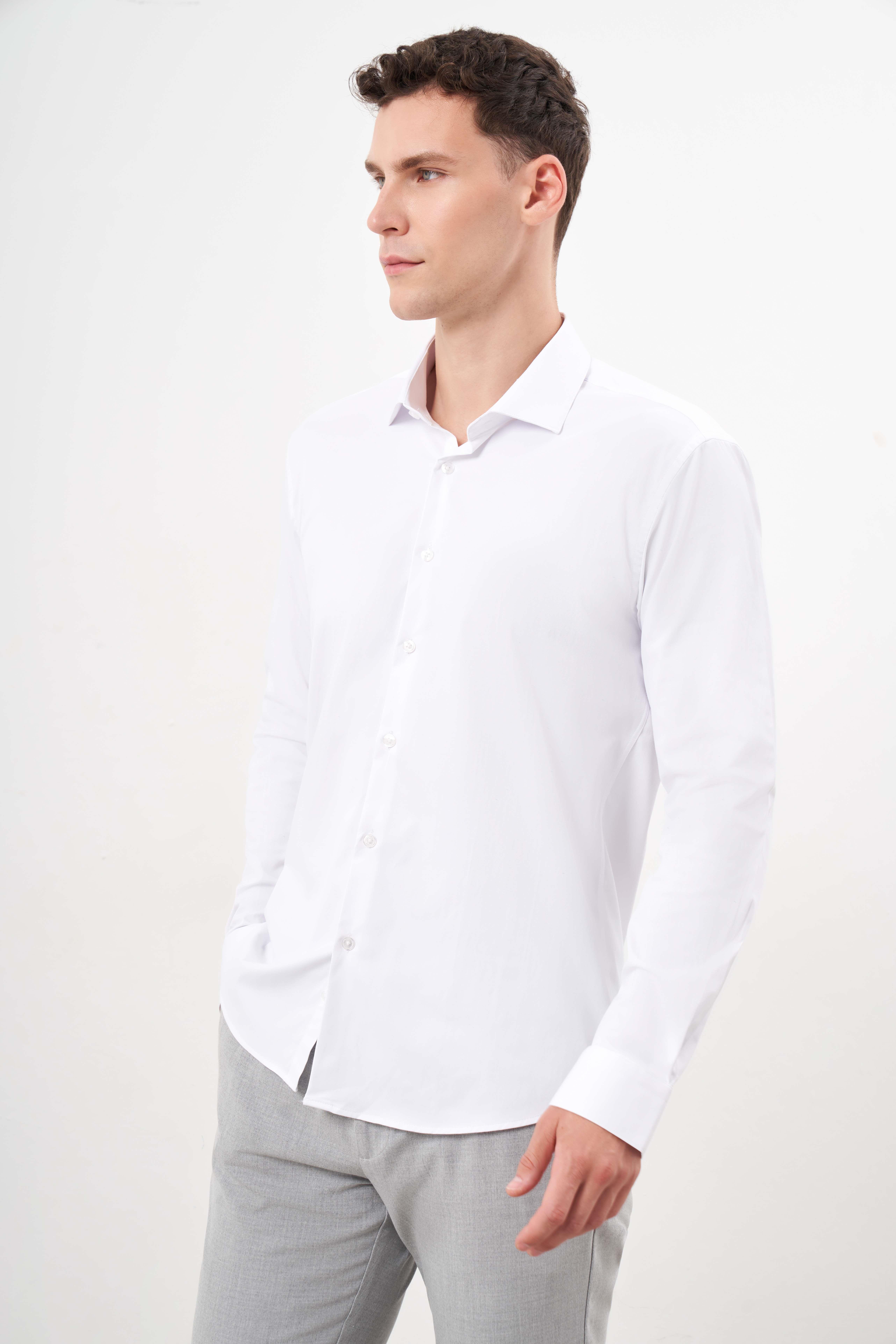 Morven Erkek Beyaz Basic Düz Desen İtalyan Yaka Slim Fit Gömlek