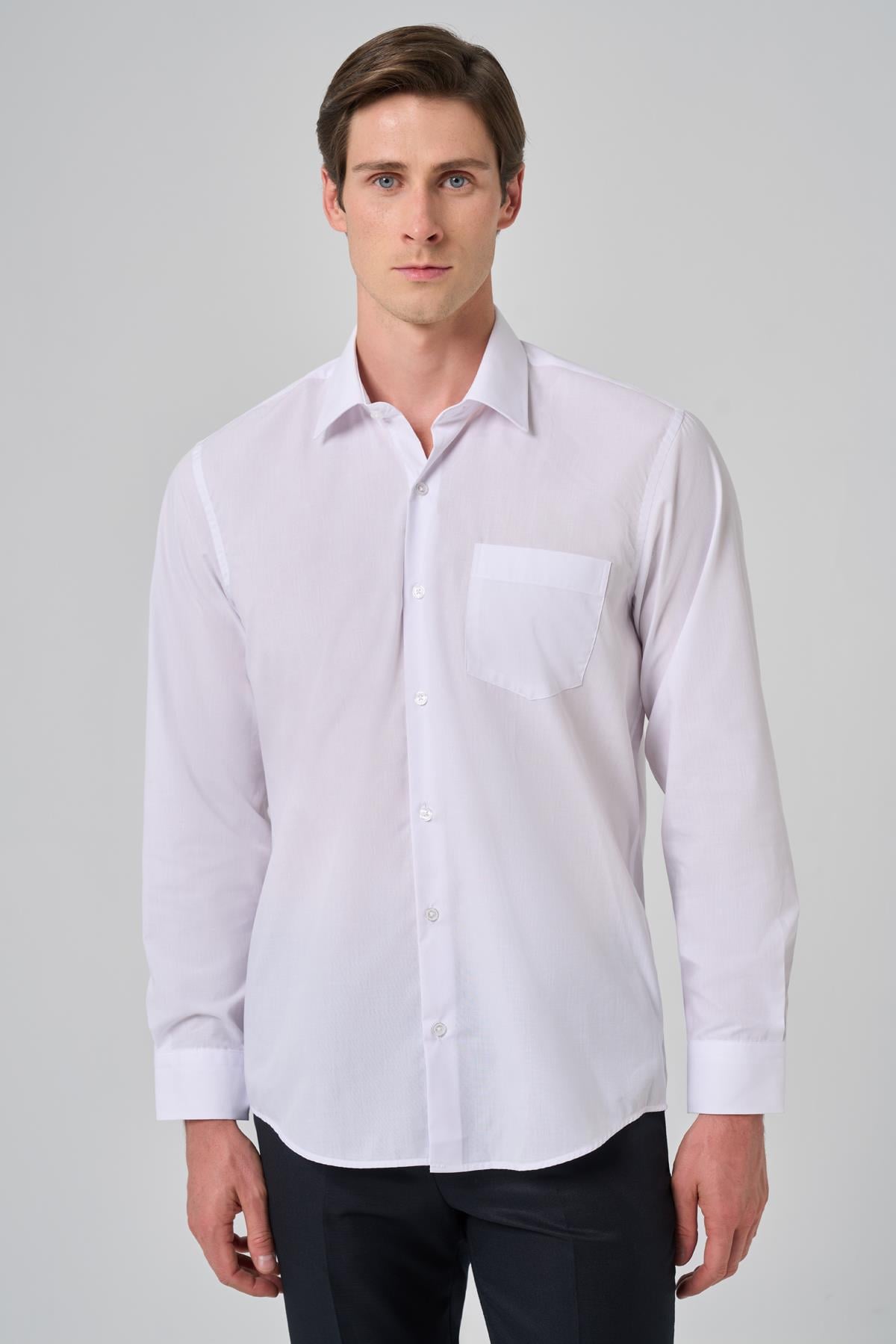 Morven Erkek Beyaz Basic Regular Fit Sert Yaka Cepli Gömlek