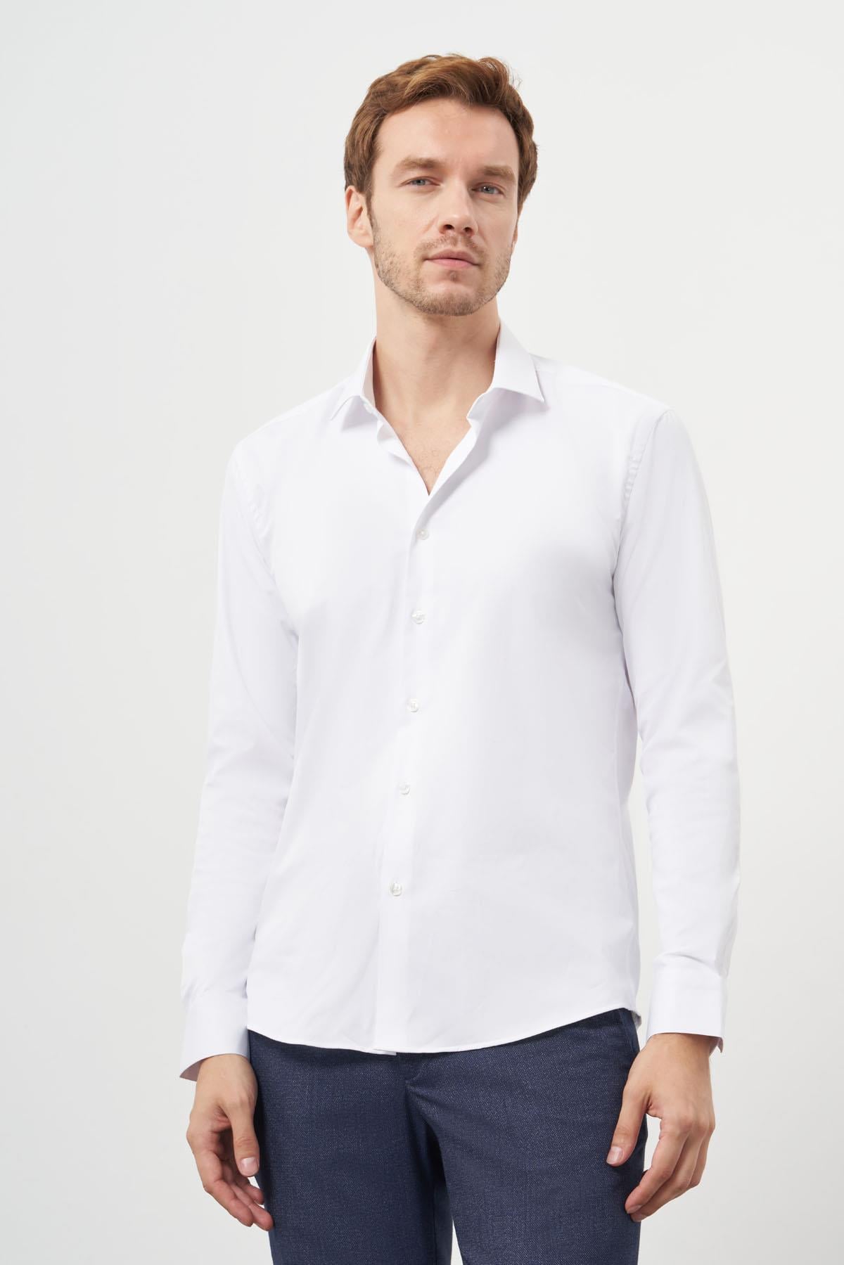 Morven Erkek Beyaz Basic Slim Fit İtalyan Yaka Gömlek