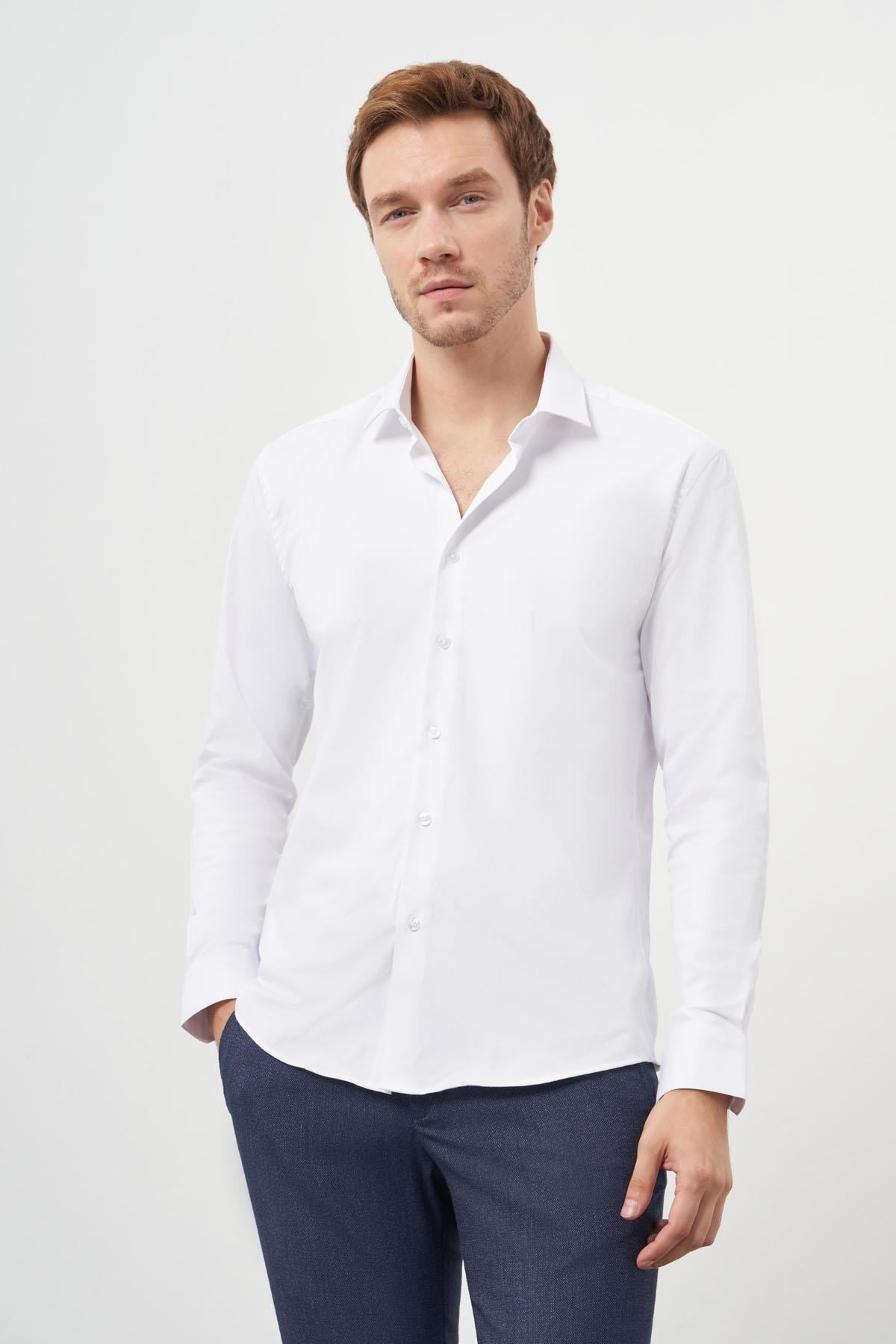 Morven Erkek Beyaz Basic Slim Fit İtalyan Yaka Gömlek