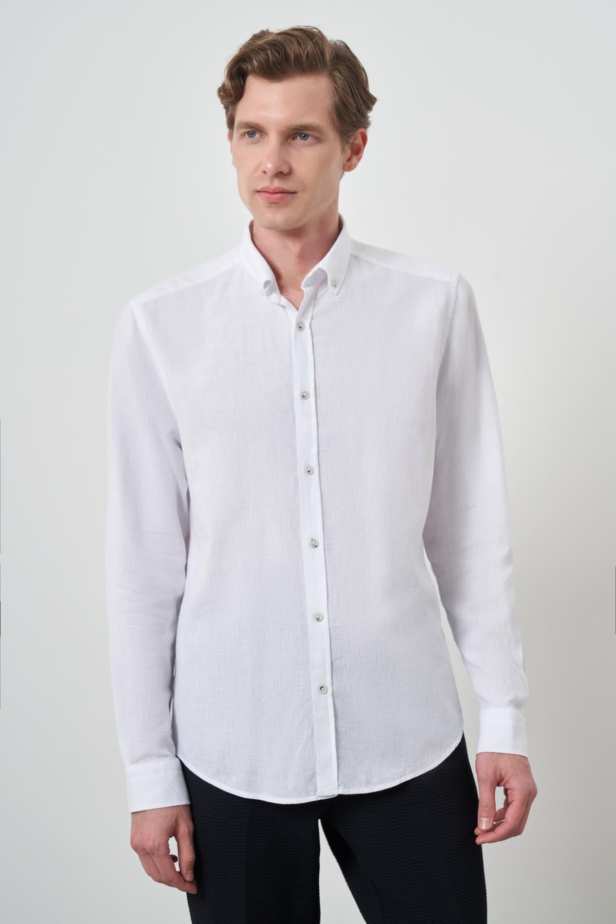Morven Erkek Beyaz Keten Trend Dynamic Fit Düğmeli Yaka Gömlek