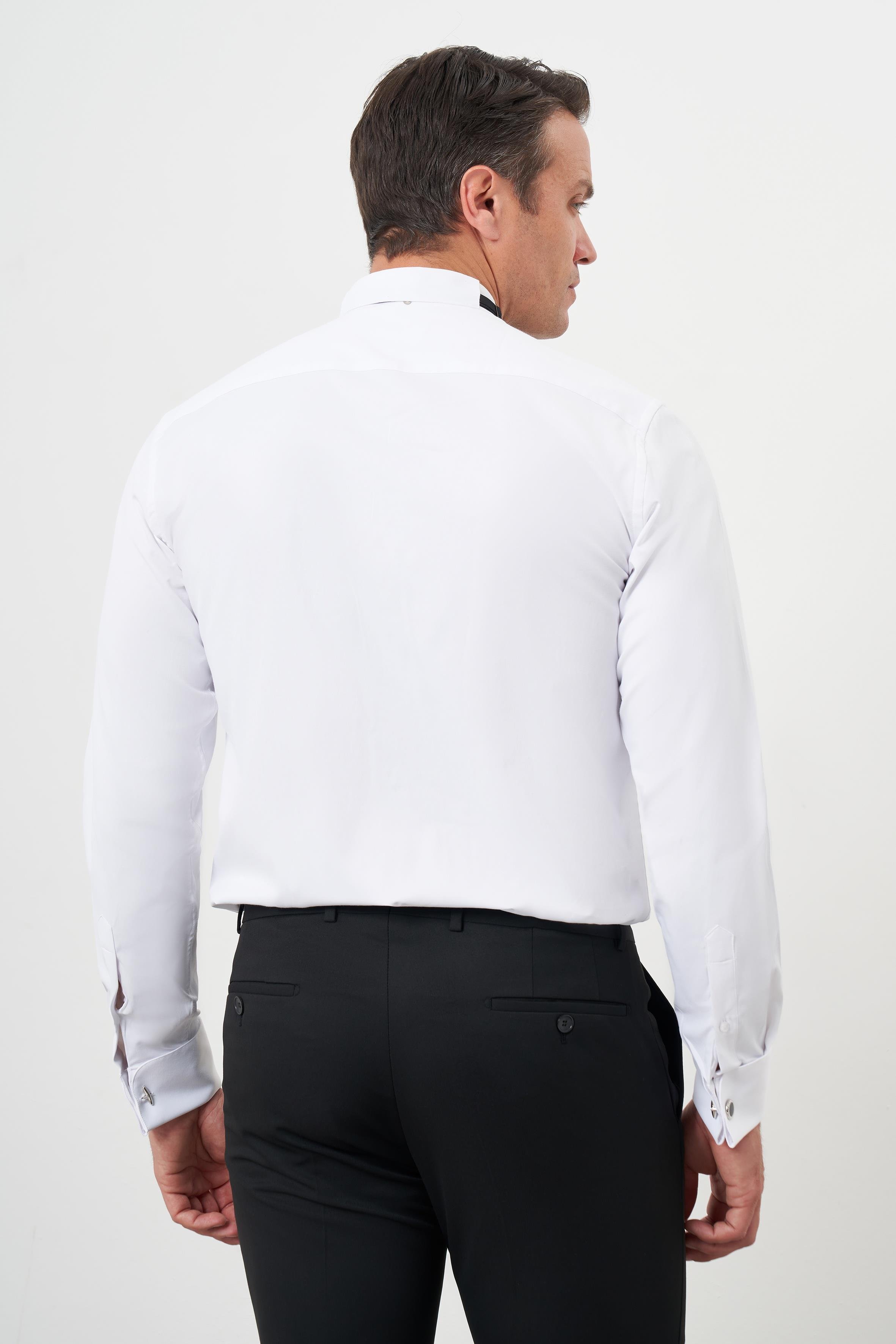 Morven Erkek Beyaz Manşetli Düz Desen Ata Yaka Slim Fit Gömlek