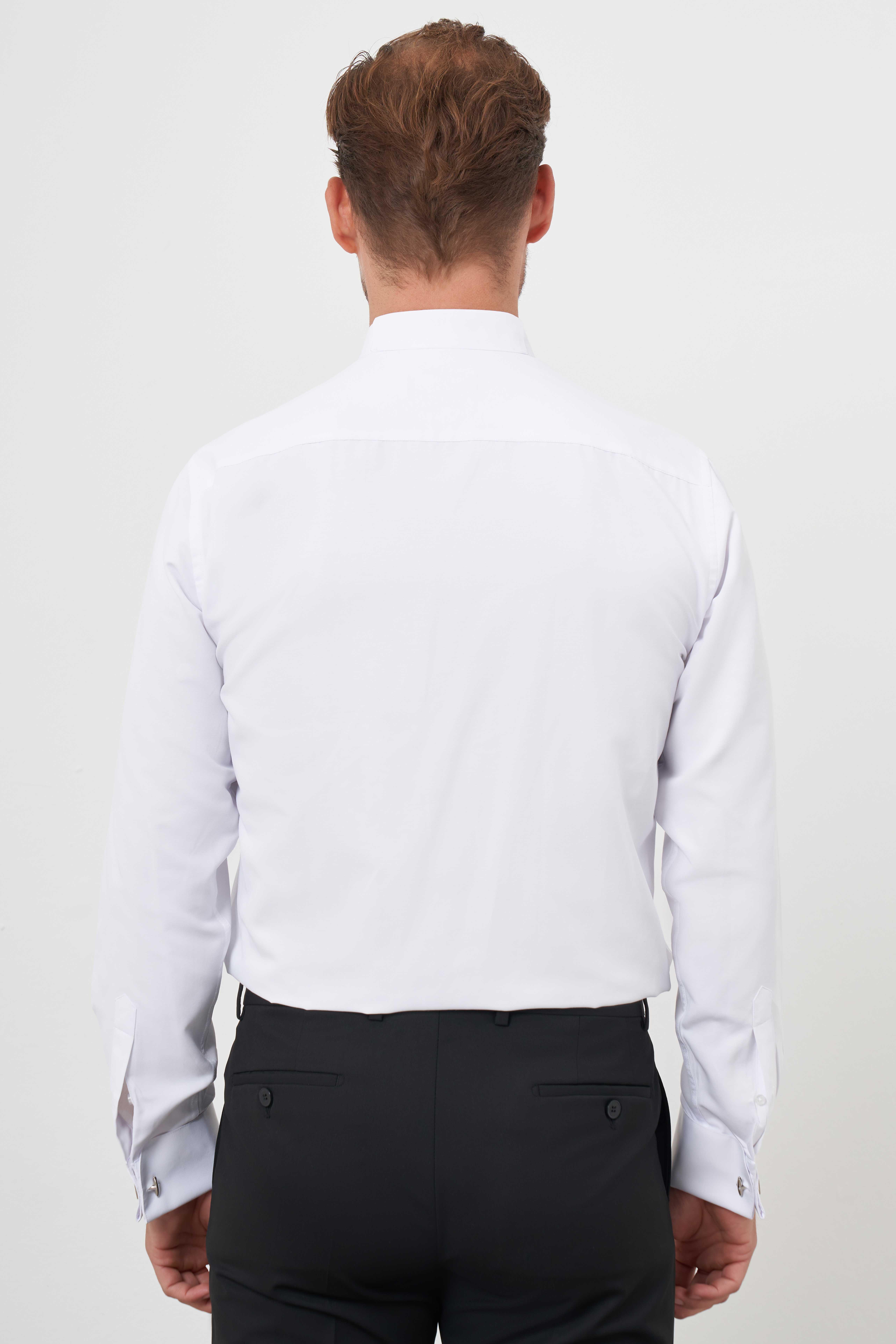 Morven Erkek Beyaz Manşetli Düz Desen Ata Yaka Slim Fit Gömlek