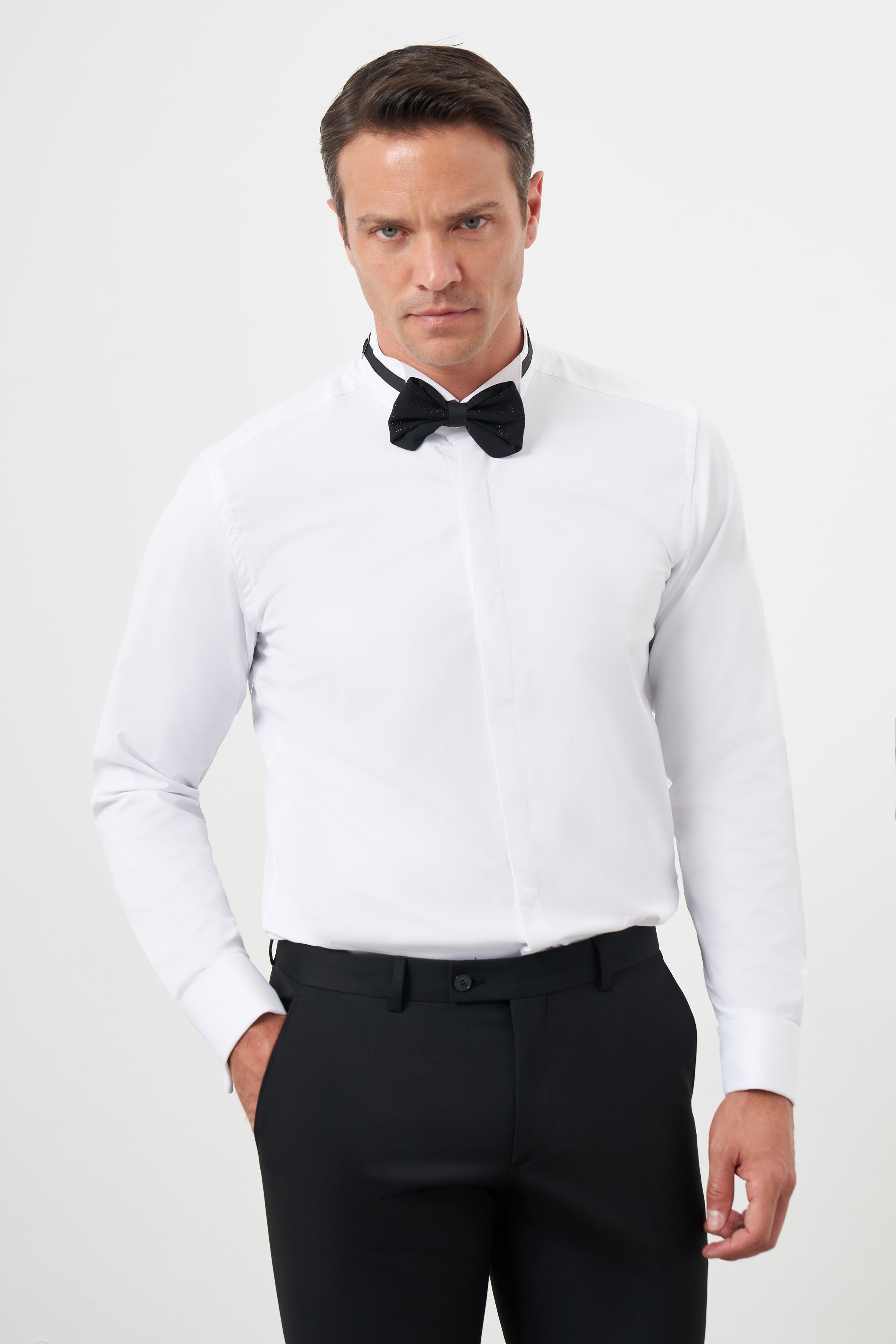 Morven Erkek Beyaz Manşetli Düz Desen Ata Yaka Slim Fit Gömlek