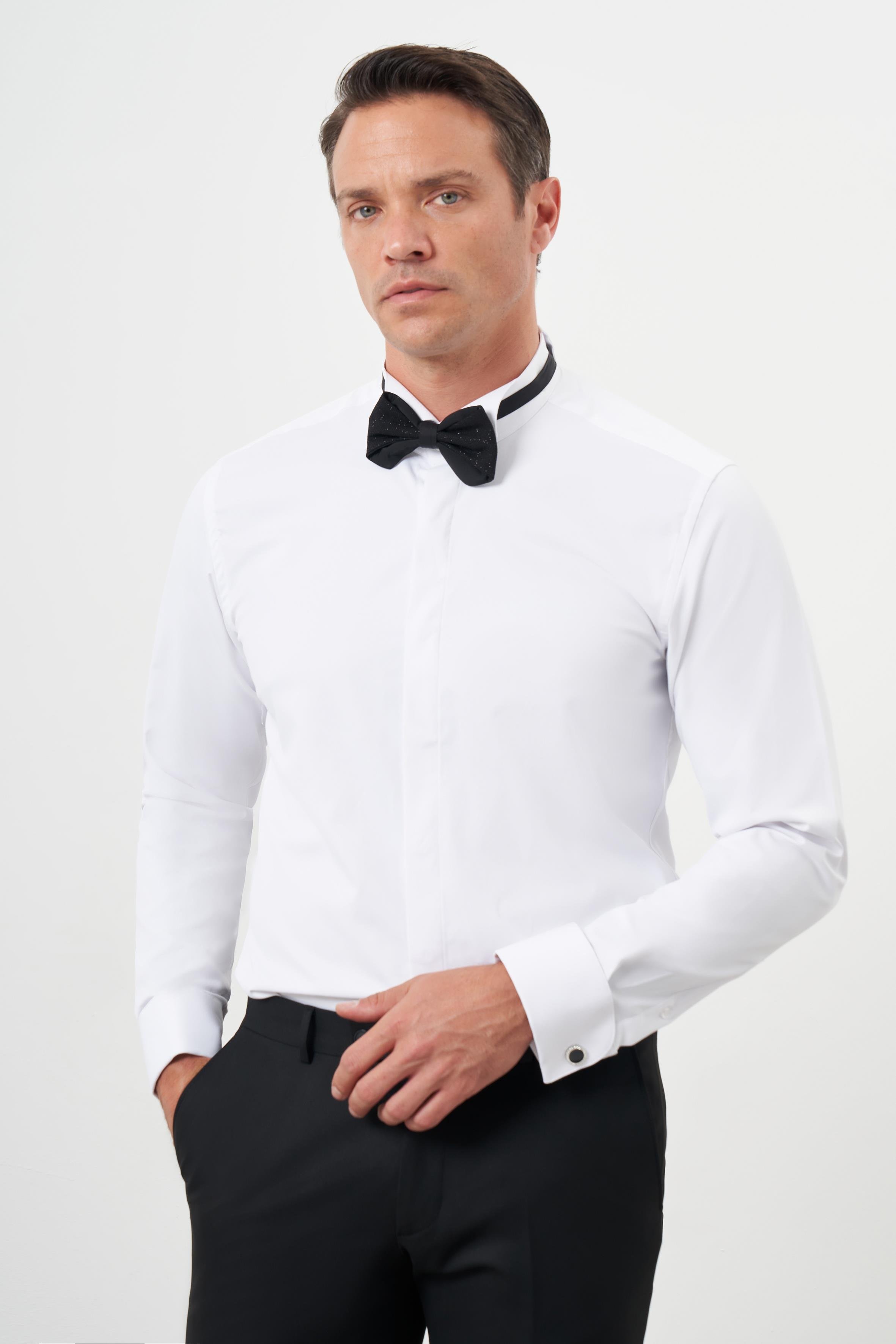 Morven Erkek Beyaz Manşetli Düz Desen Ata Yaka Slim Fit Gömlek