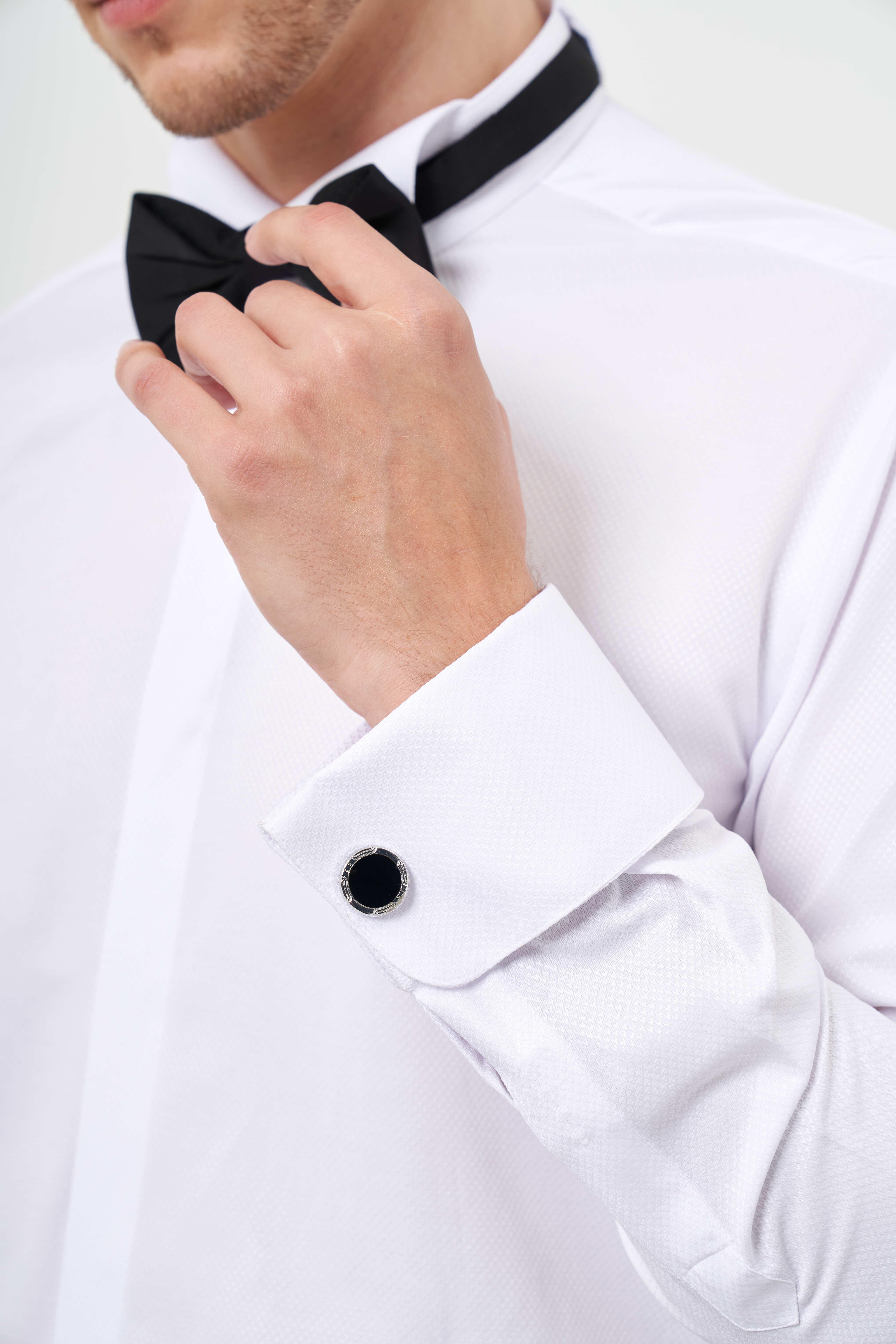 Morven Erkek Beyaz Manşetli Jakar Desen Ata Yaka Slim Fit Gömlek