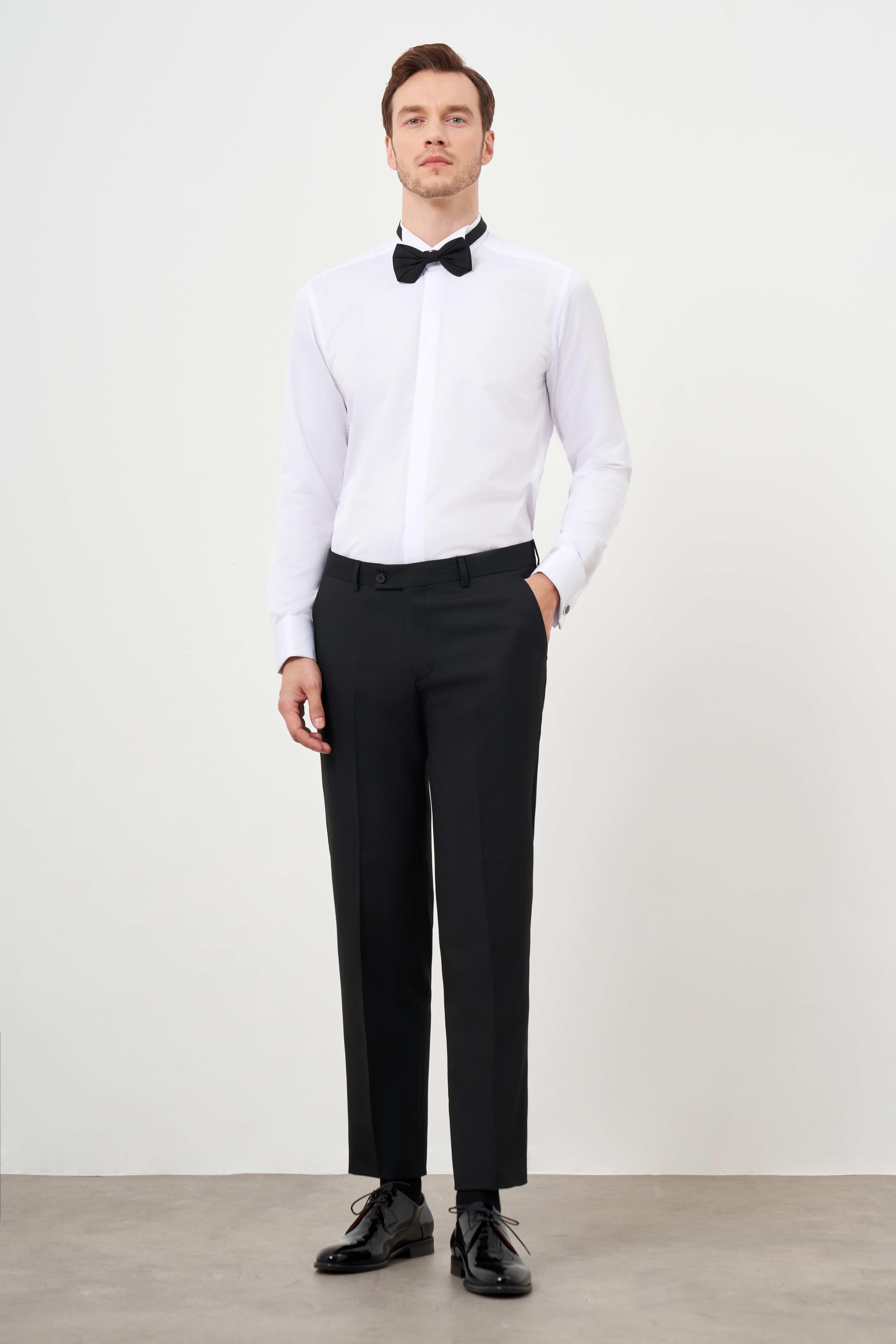 Morven Erkek Beyaz Manşetli Jakar Desen Ata Yaka Slim Fit Gömlek