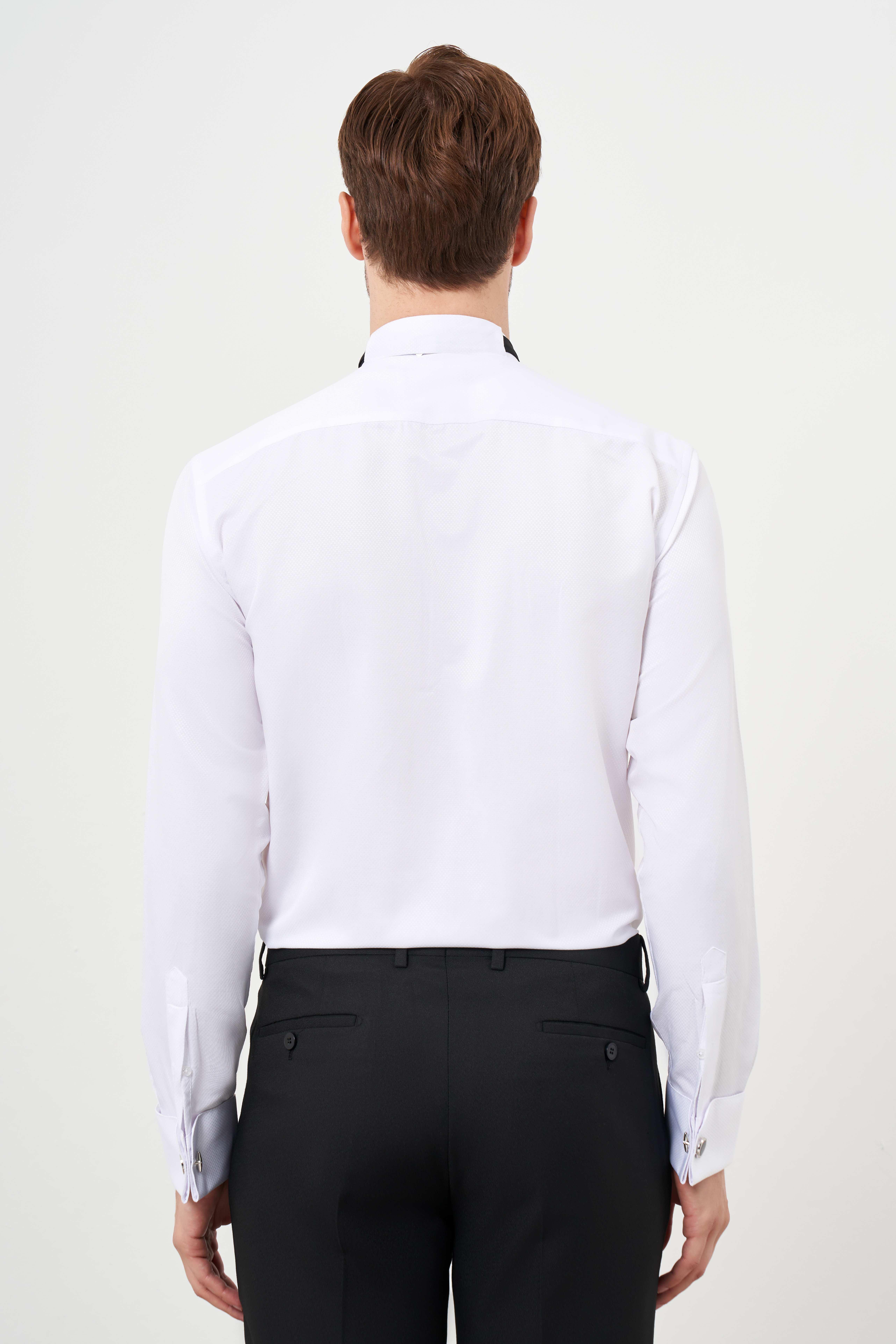 Morven Erkek Beyaz Manşetli Jakar Desen Ata Yaka Slim Fit Gömlek