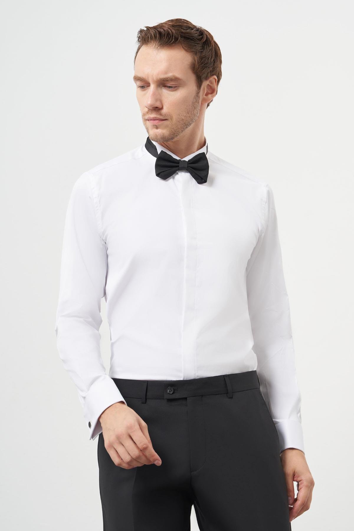 Morven Erkek Beyaz Manşetli Slim Fit Ata Yaka Gömlek