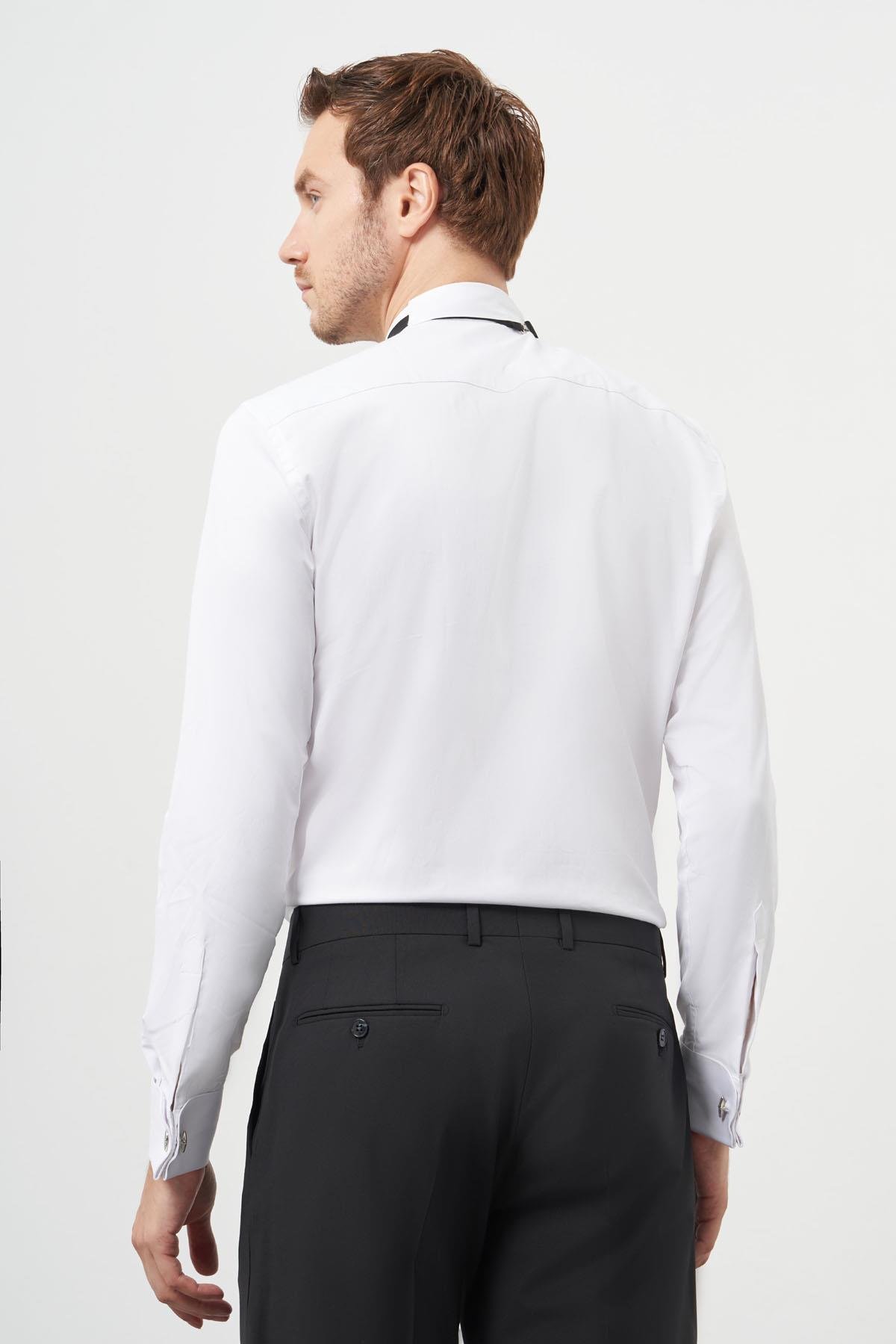 Morven Erkek Beyaz Manşetli Slim Fit Ata Yaka Gömlek