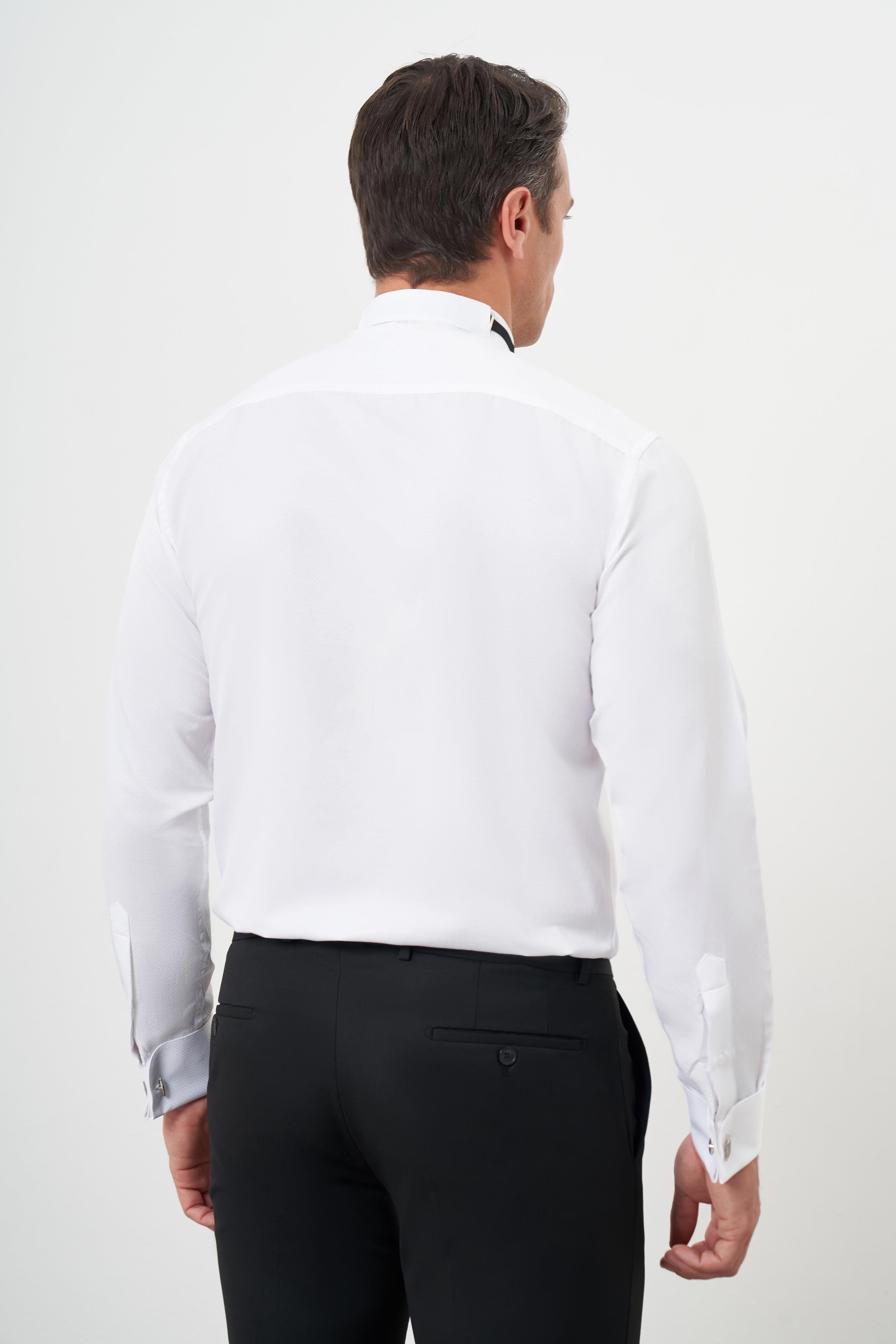 Morven Erkek Beyaz Manşetlii Jakar Desen Ata Yaka Slim Fit Gömlek