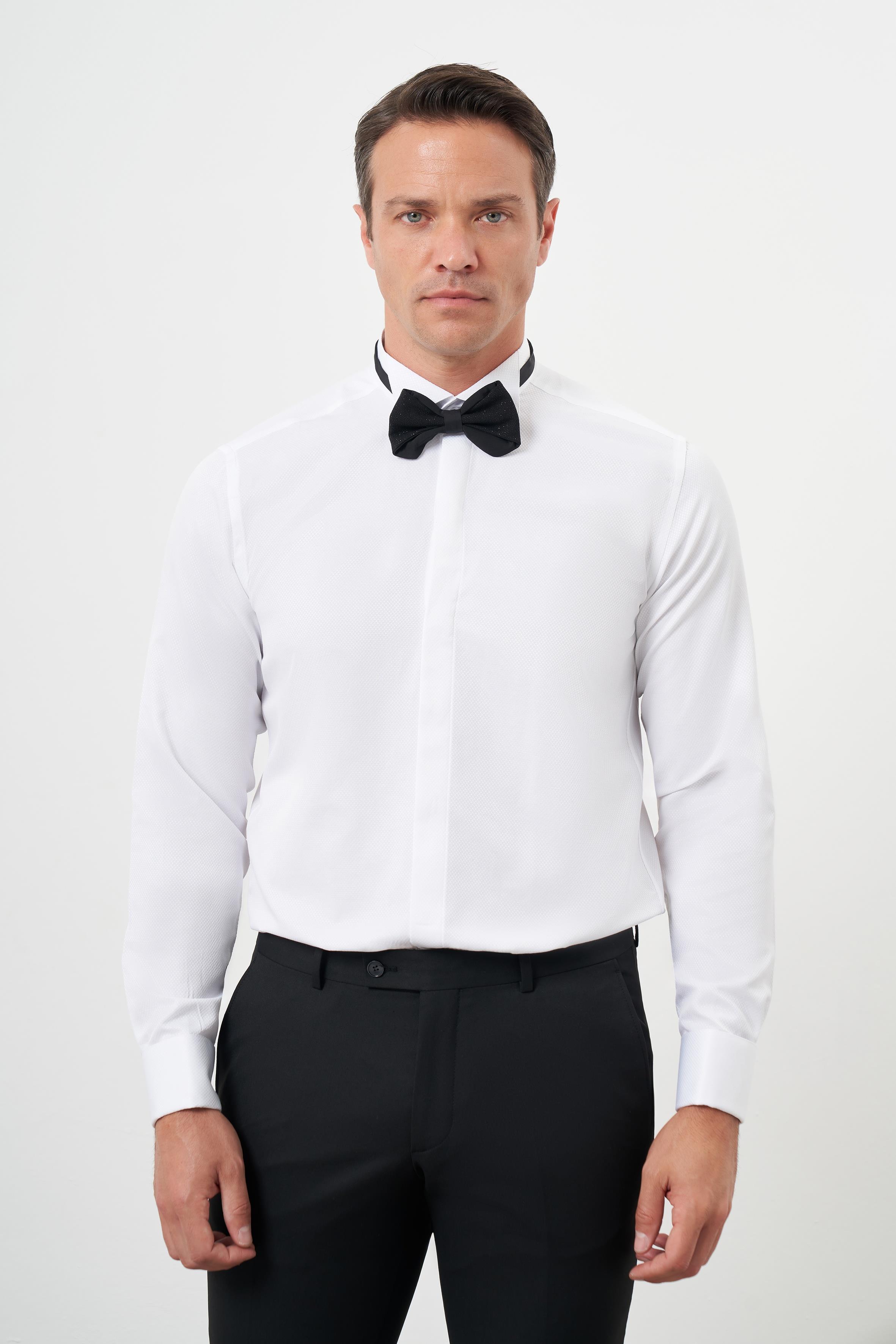 Morven Erkek Beyaz Manşetlii Jakar Desen Ata Yaka Slim Fit Gömlek