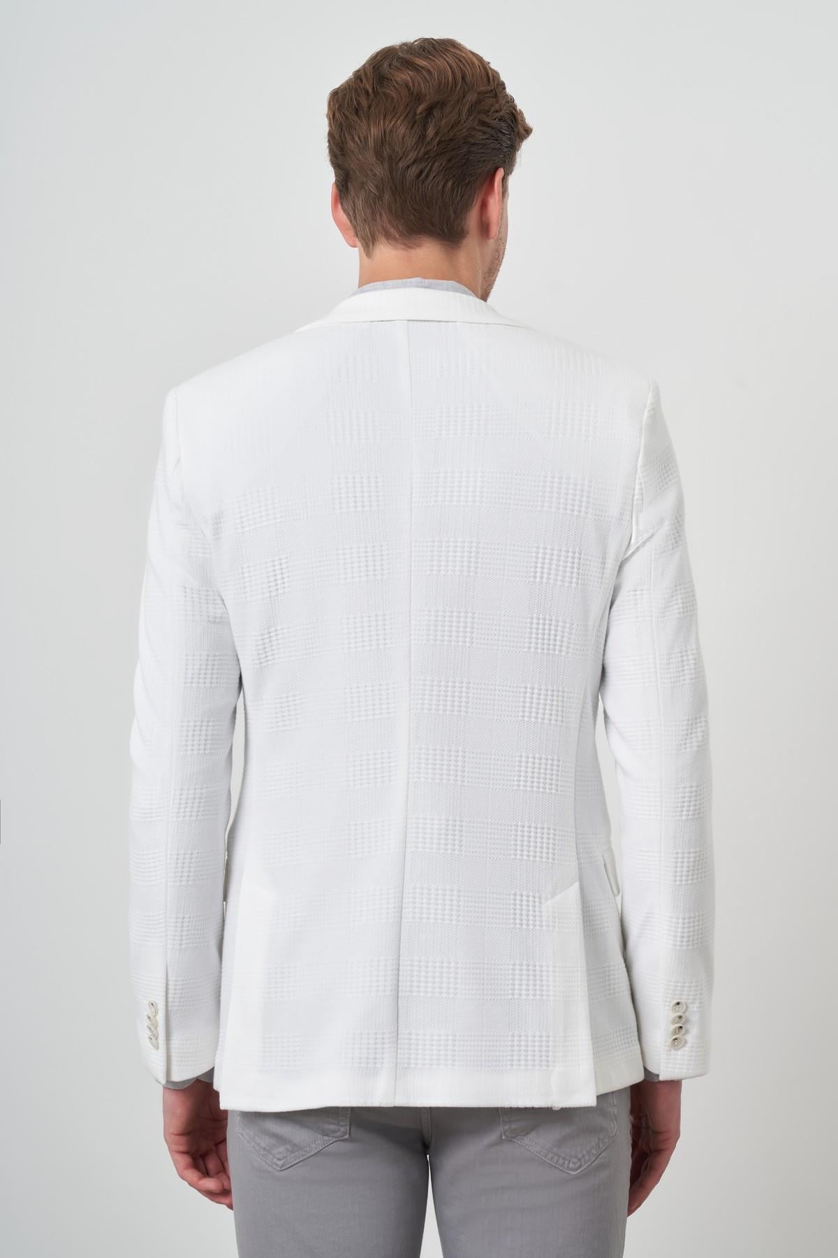 Morven Erkek Beyaz Örme Desenli Mono Yaka Slim Fit Ceket