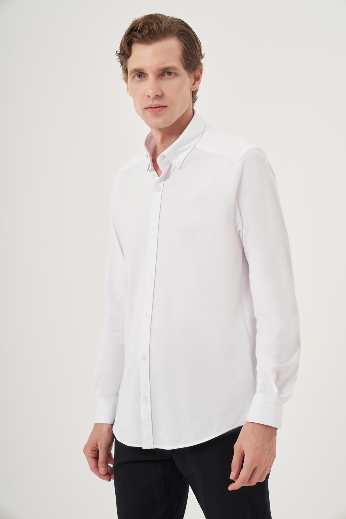 Morven Erkek Beyaz Örme Slim Fit Düğmeli Yaka Gömlek