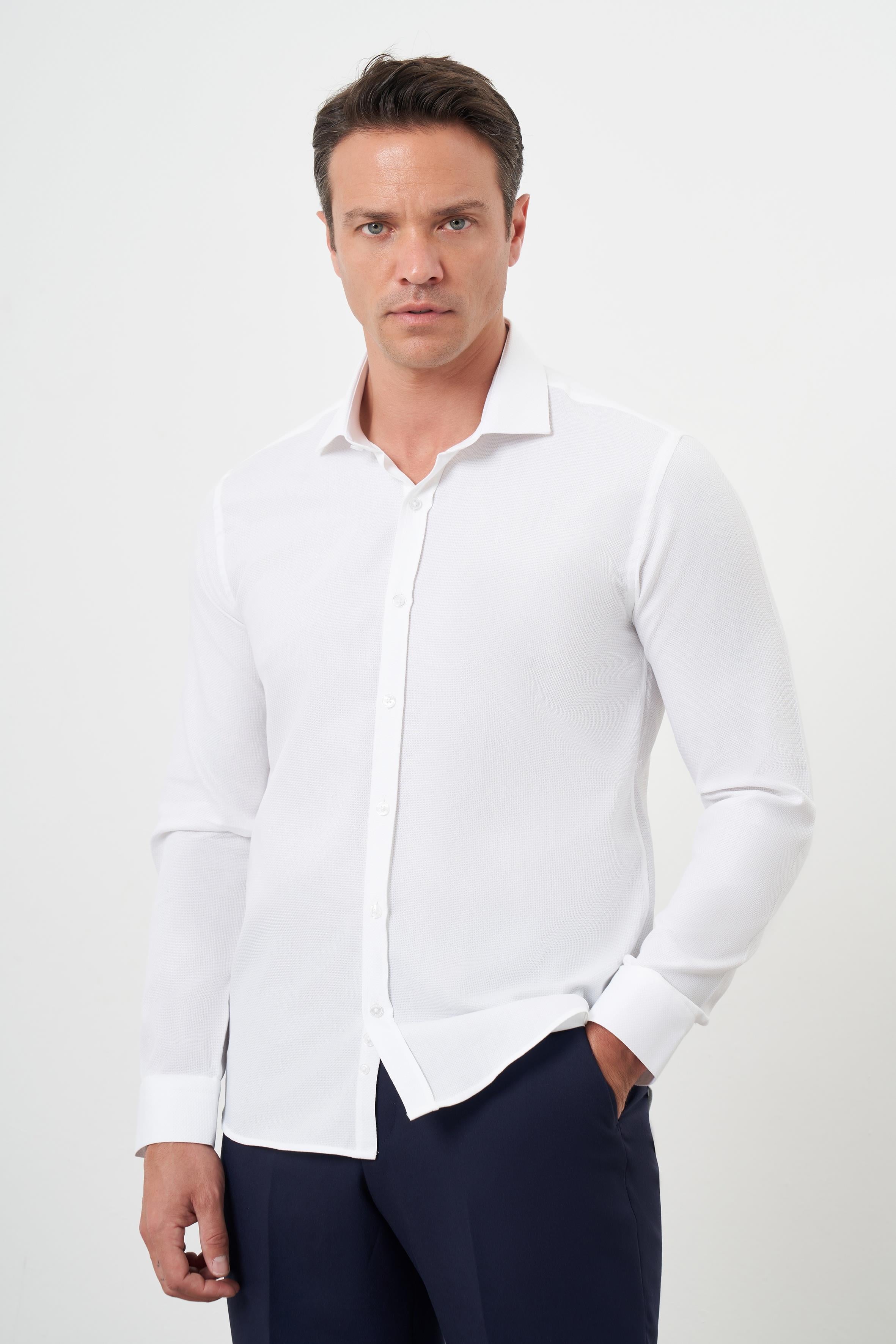 Morven Erkek Beyaz Pamuk Baskılı Desenli  İtalyan Yaka Slim Fit Gömlek
