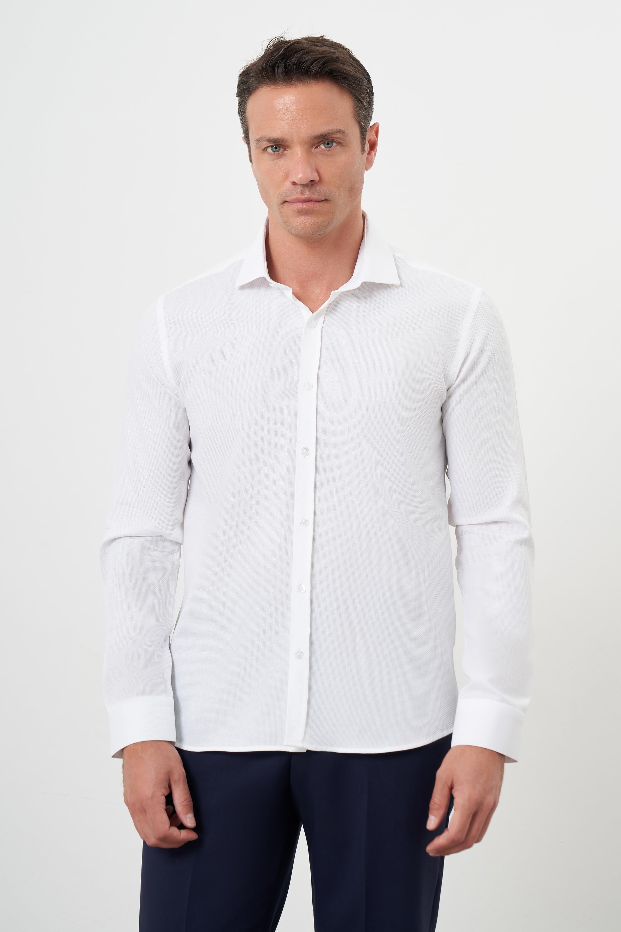 Morven Erkek Beyaz Pamuk Baskılı Desenli  İtalyan Yaka Slim Fit Gömlek