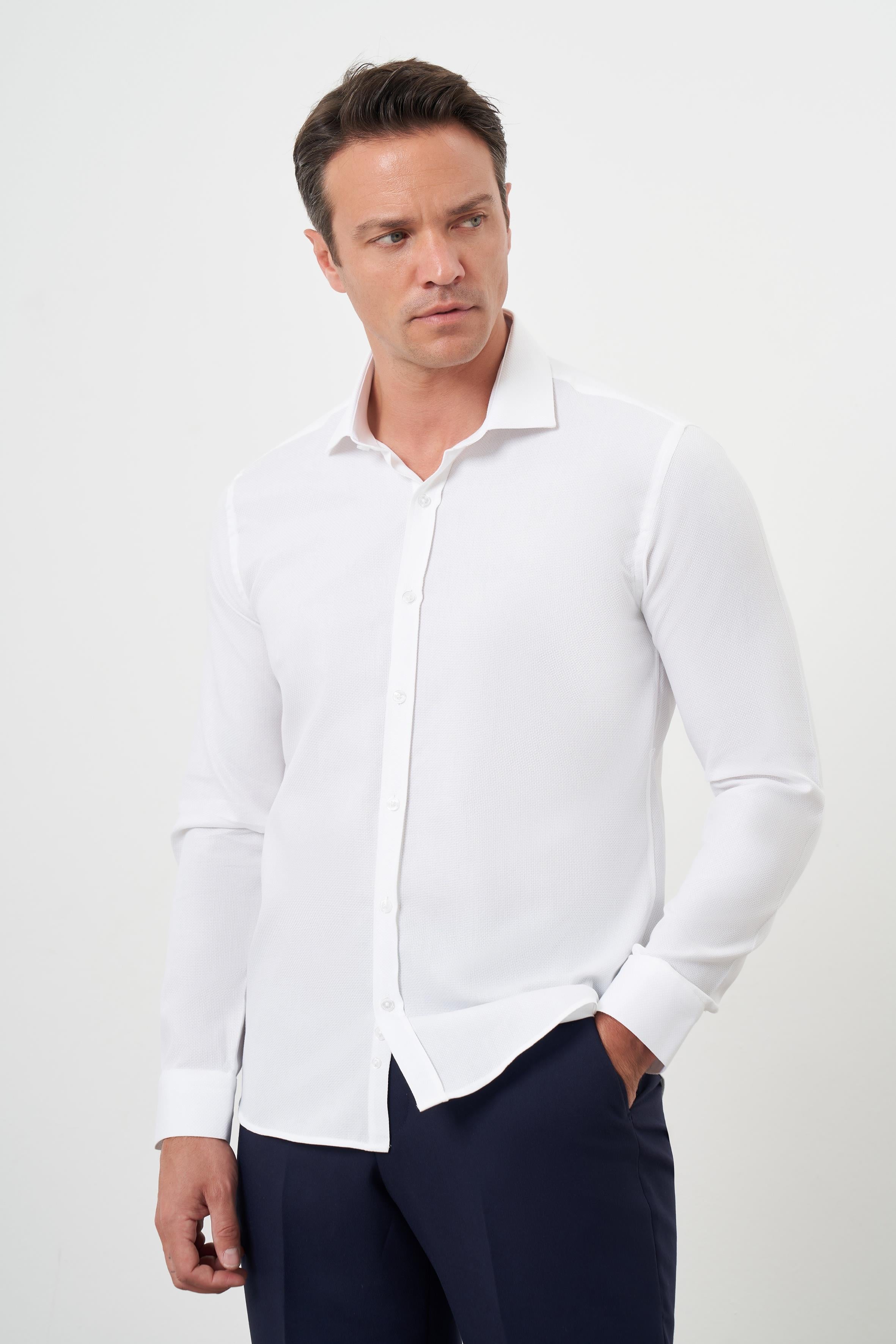 Morven Erkek Beyaz Pamuk Baskılı Desenli  İtalyan Yaka Slim Fit Gömlek