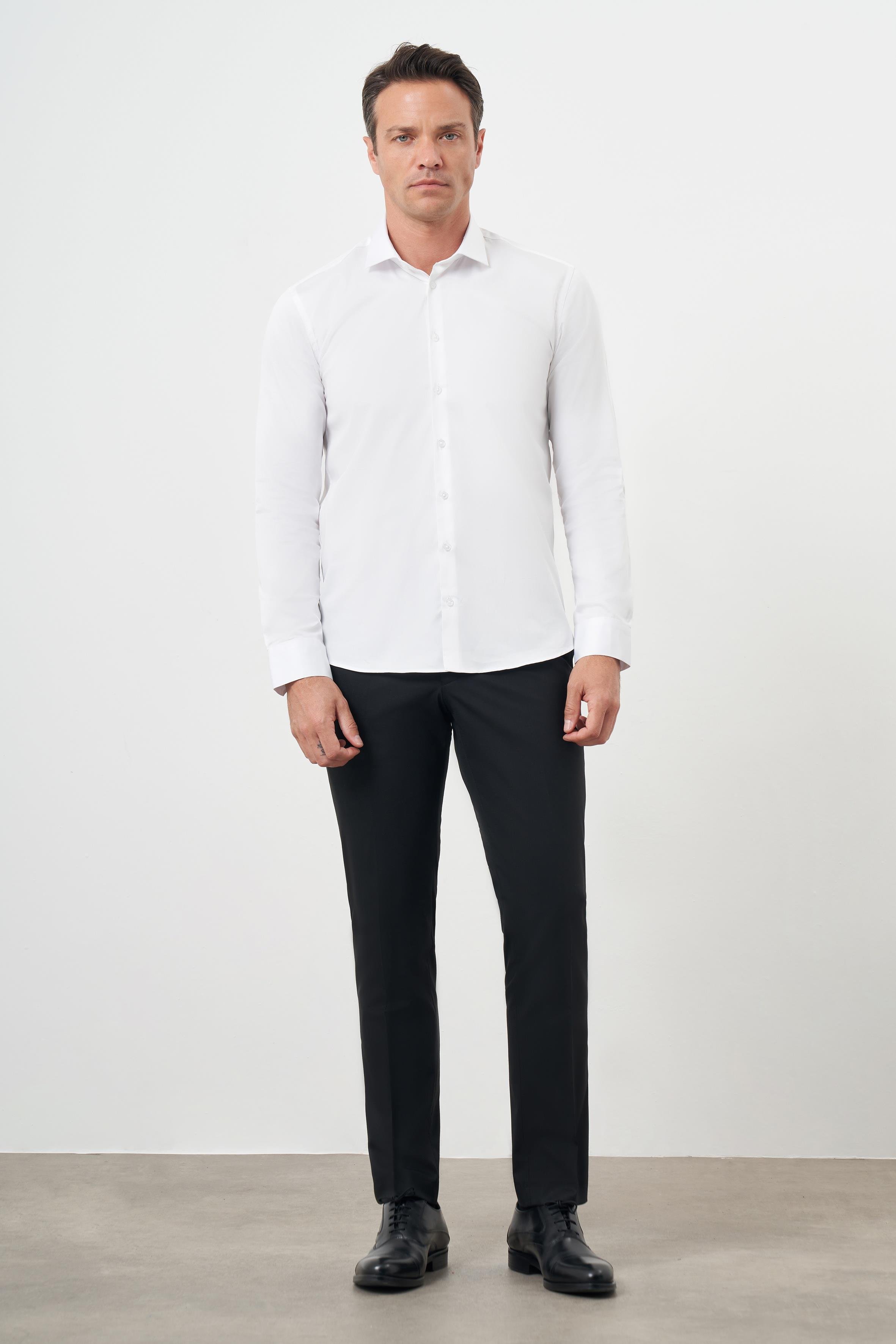 Morven Erkek Beyaz Pamuk Düz Desen İtalyan Yaka Slim Fit  Gömlek