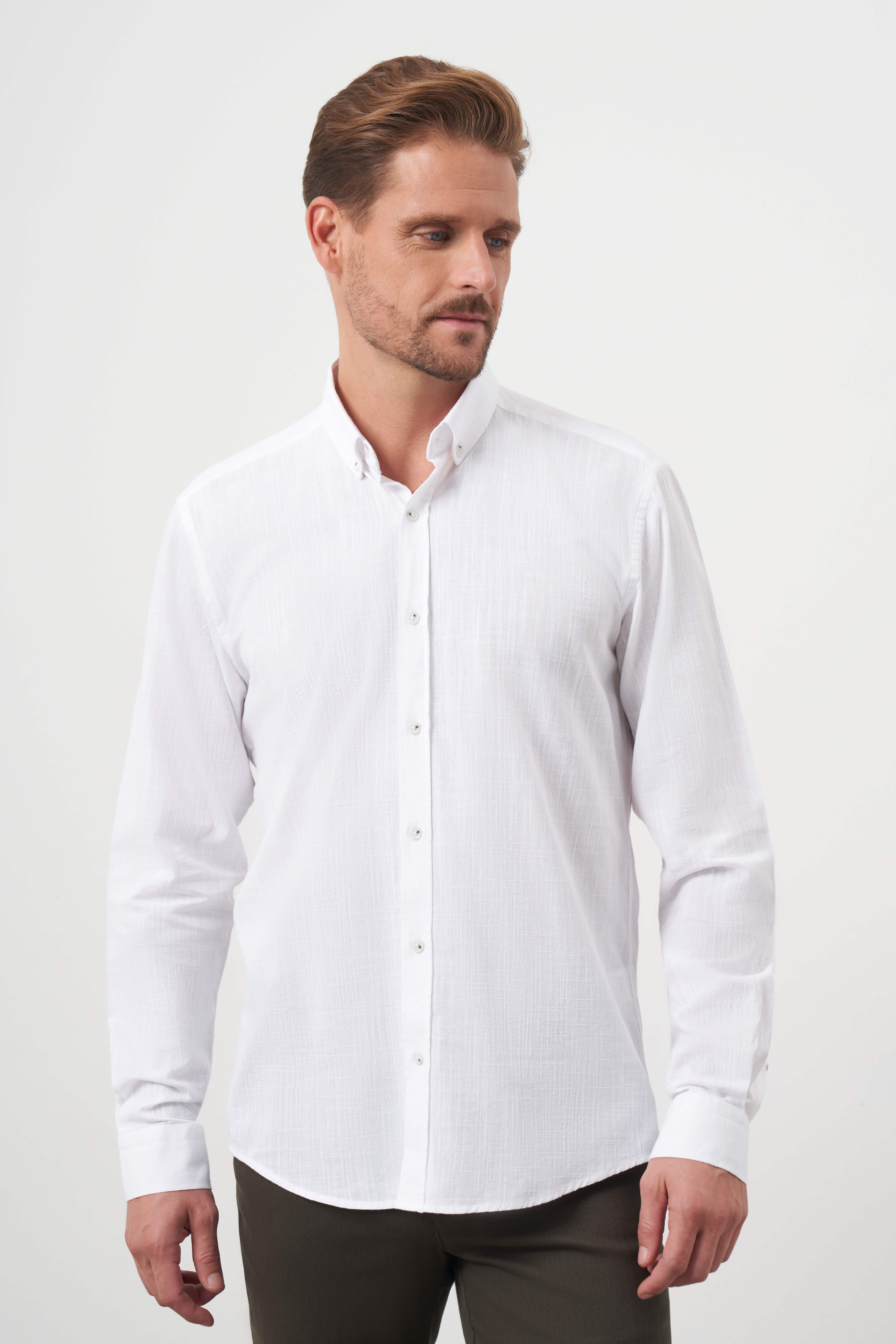 Morven Erkek Beyaz Pamuk Ekoseli Düğmeli Yaka Slim Fit Gömlek