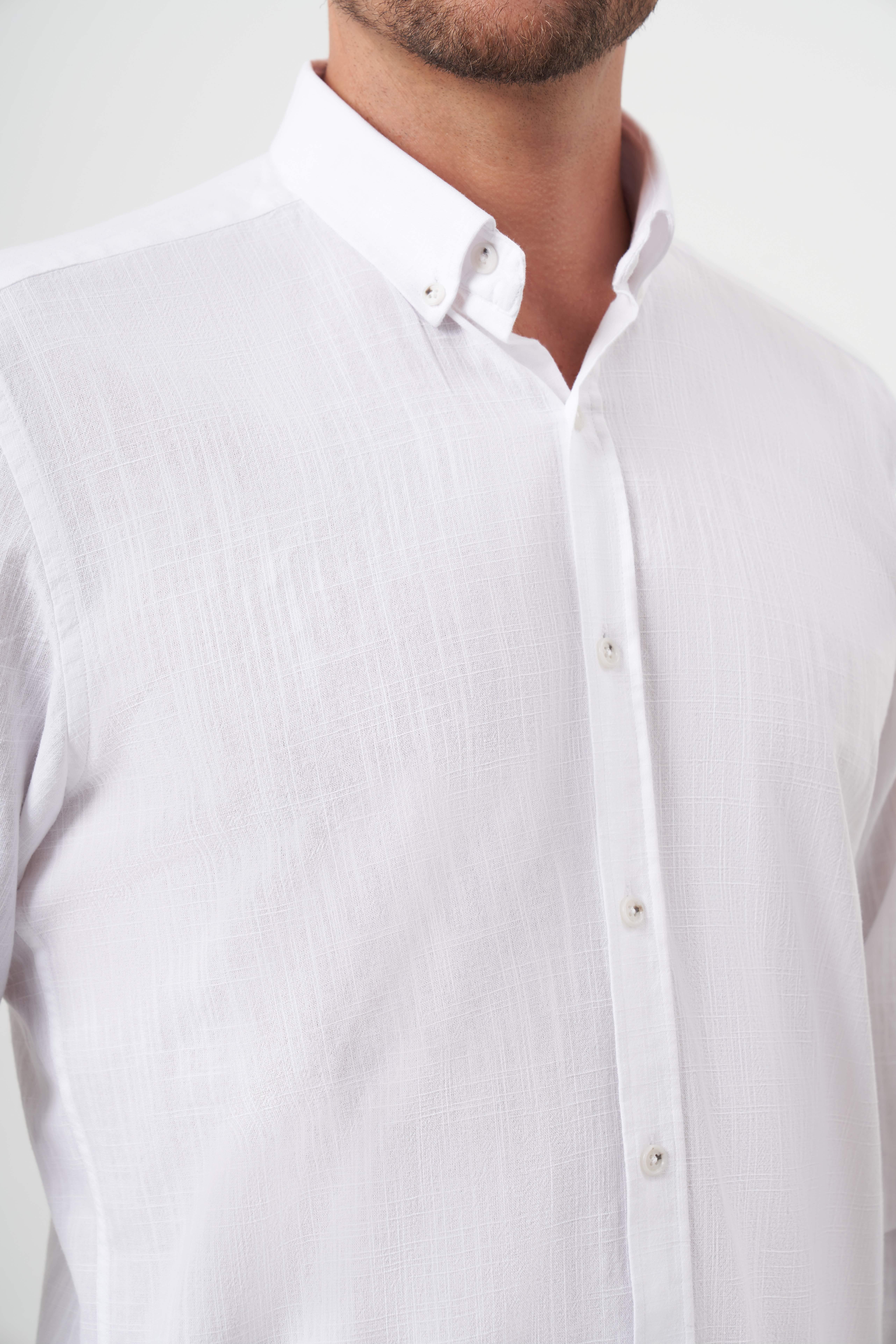 Morven Erkek Beyaz Pamuk Ekoseli Düğmeli Yaka Slim Fit Gömlek