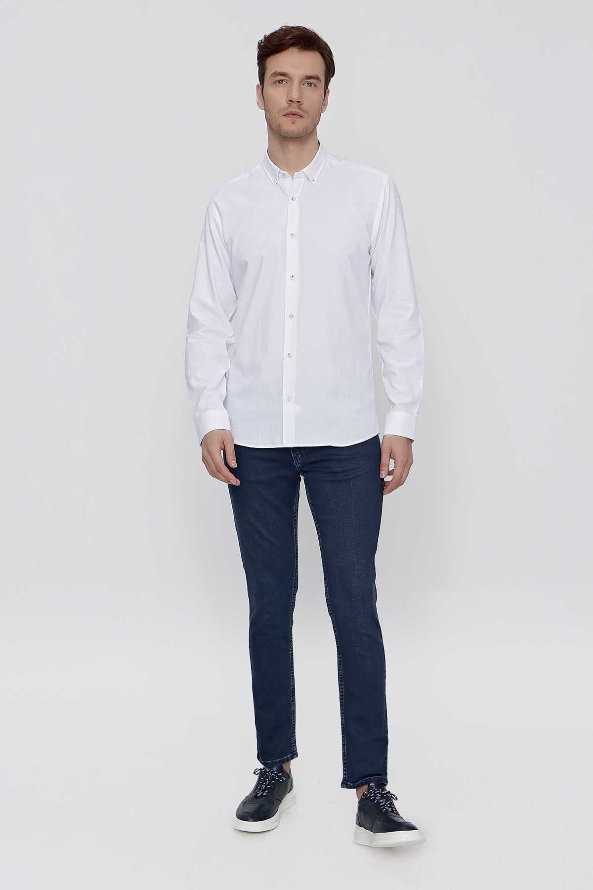 Morven Erkek Beyaz Pamuk Mini Oxford Slim Fit Dar Kesim Gömlek