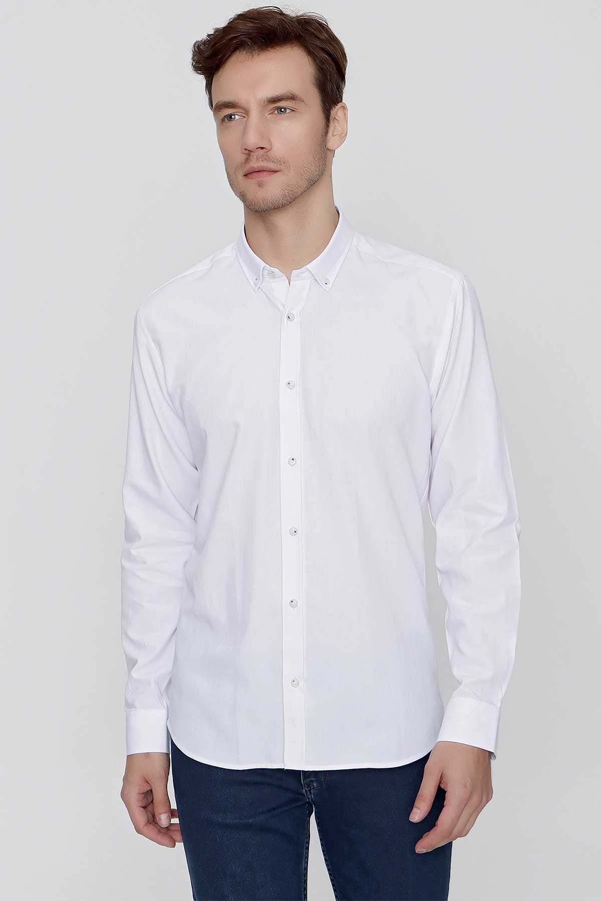 Morven Erkek Beyaz Pamuk Mini Oxford Slim Fit Dar Kesim Gömlek