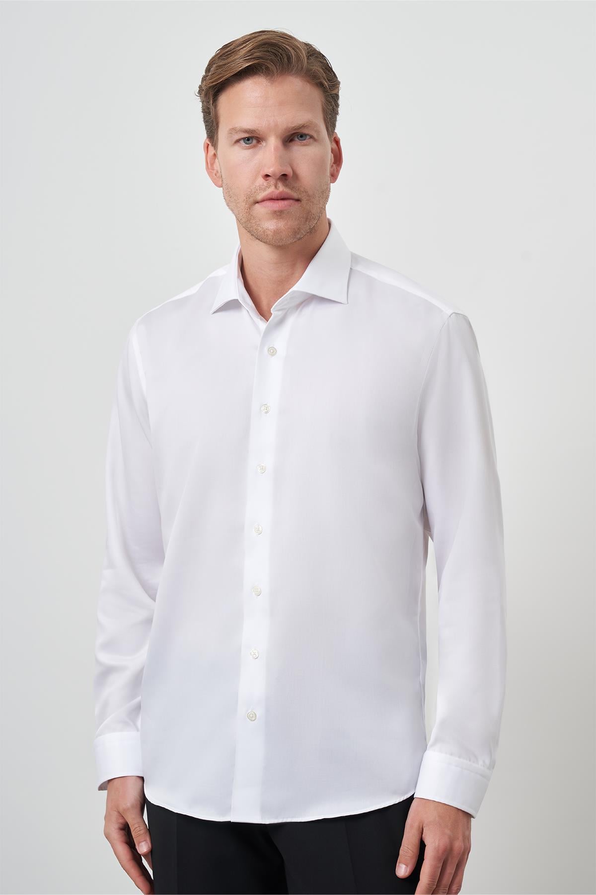 Morven Erkek Beyaz Pamuk Trend Slim Fit Dar Kesim Non Iron Gömlek