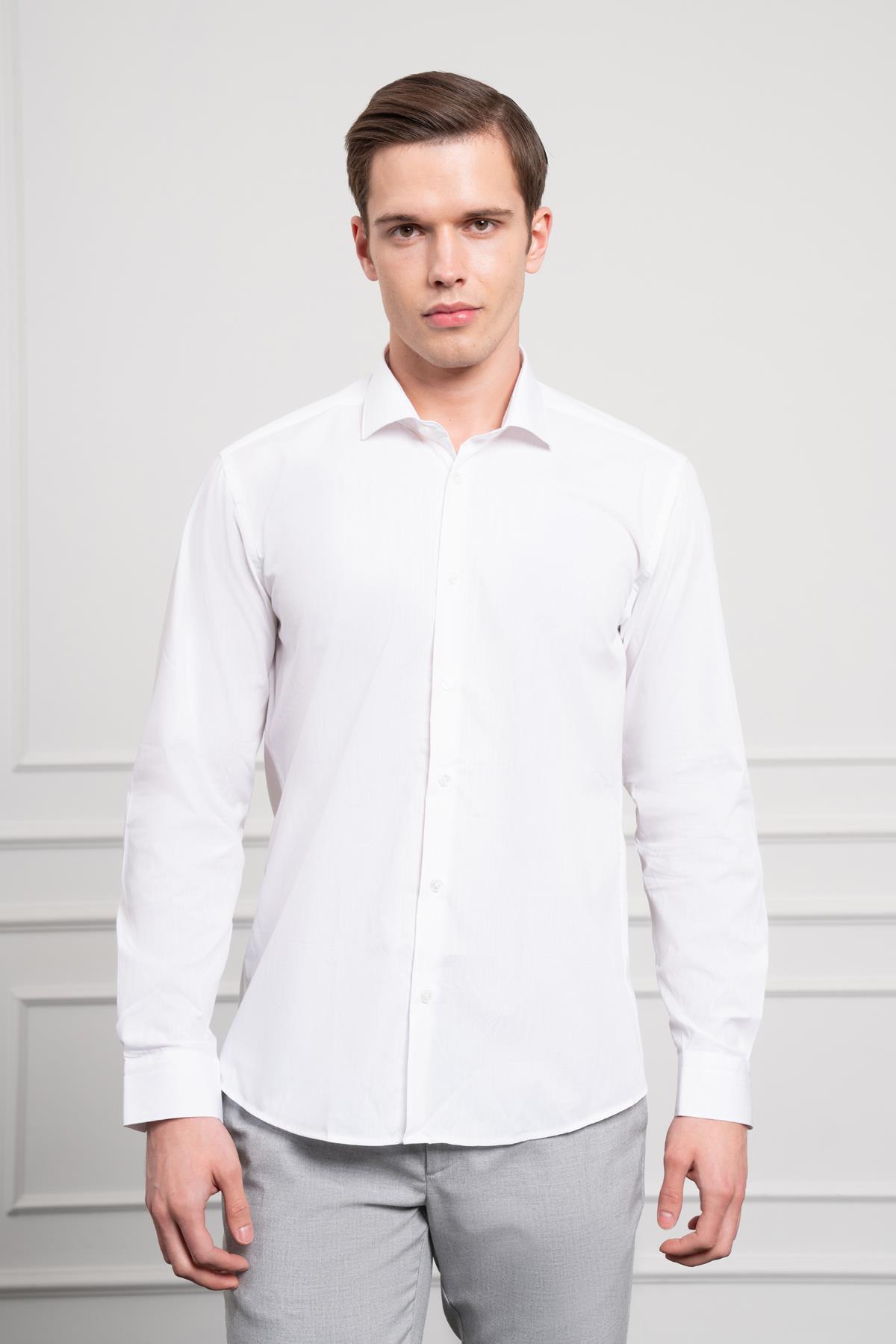 Morven Erkek Beyaz Pamuk Trend Slim Fit Dar Kesim İtalyan Yaka Gömlek